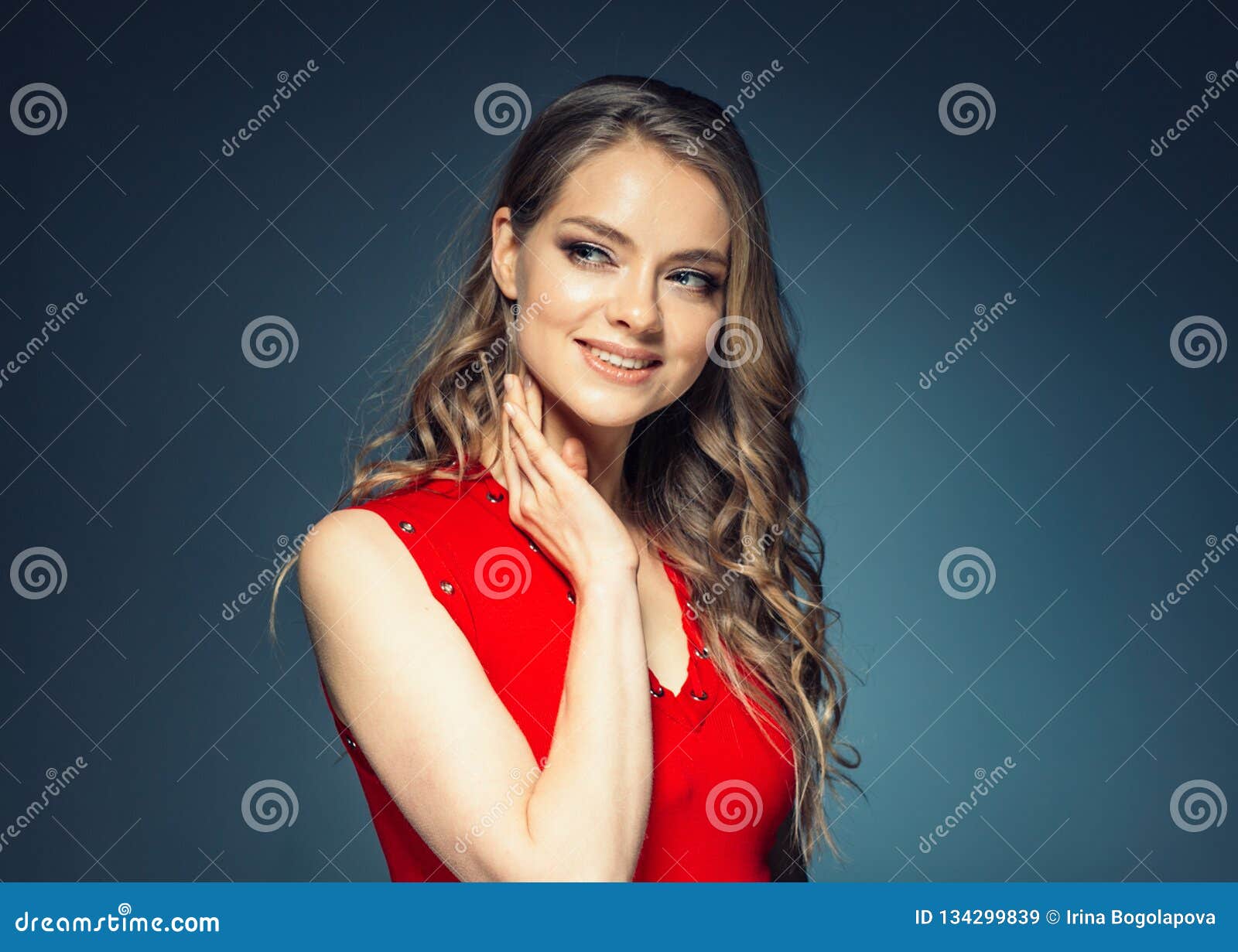 Woman in Red Dress with Long Blonde Hair Stock Image - Image of female ...
