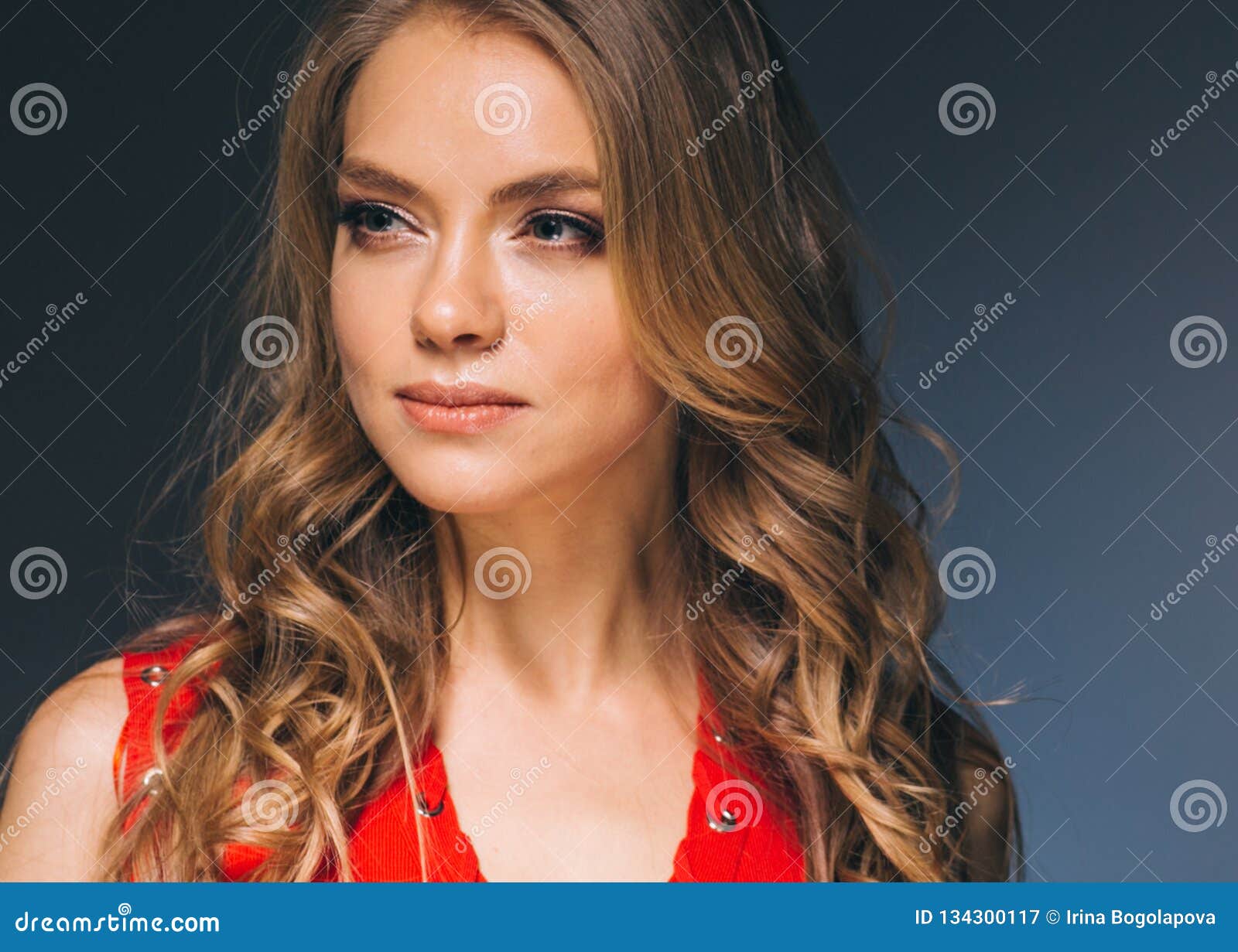Woman in Red Dress with Long Blonde Hair Stock Image - Image of breast ...