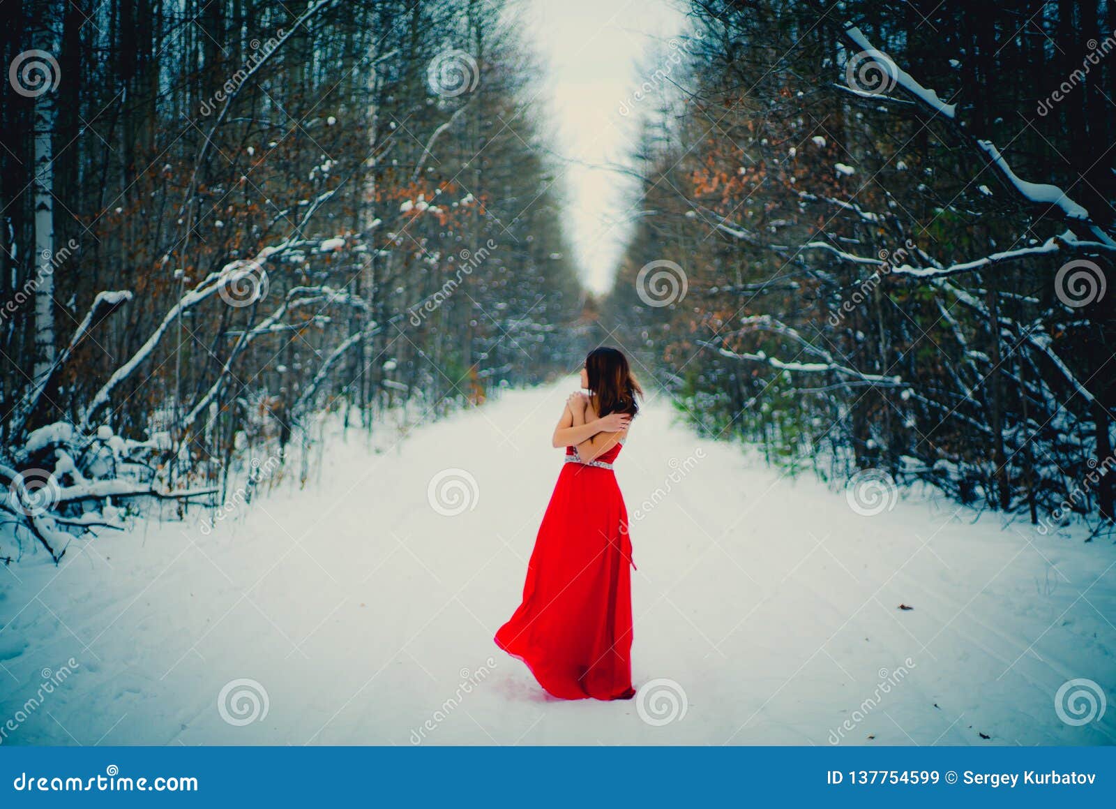 Woman in Red Dress. Siberia, Winter in Forest, Very Cold Stock Image ...