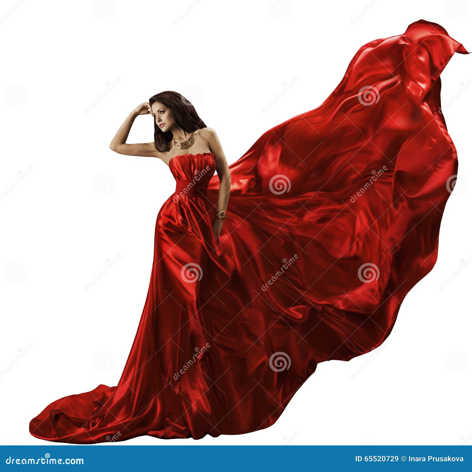woman red dress on white, waving flying silk fabric, beauty mode