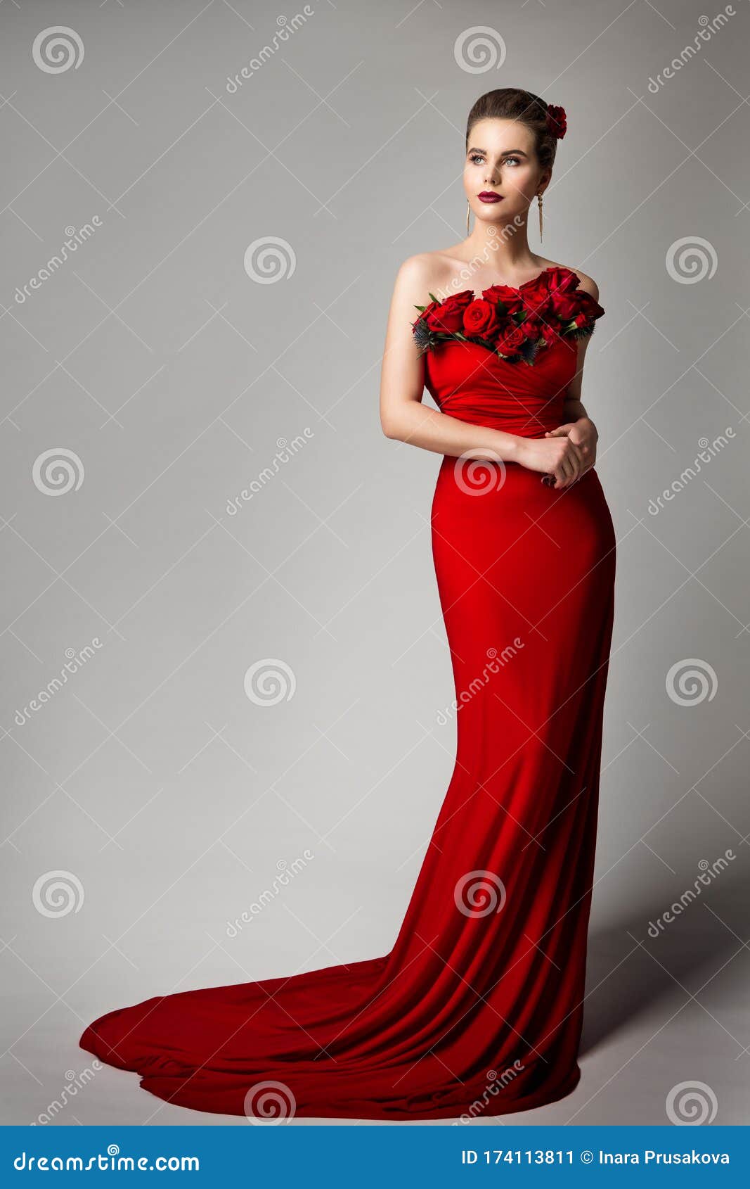Woman in Red Evening Dress with Flowers Roses, Elegant Fashion ...