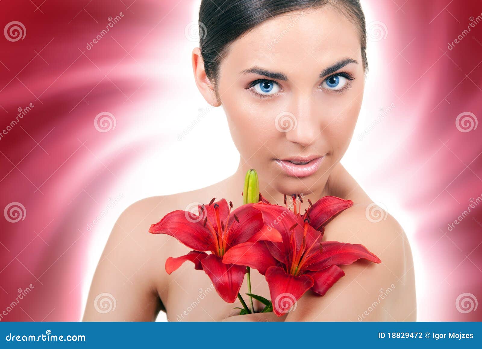 Woman with Red Flower on Abstract Background Stock Photo Image of