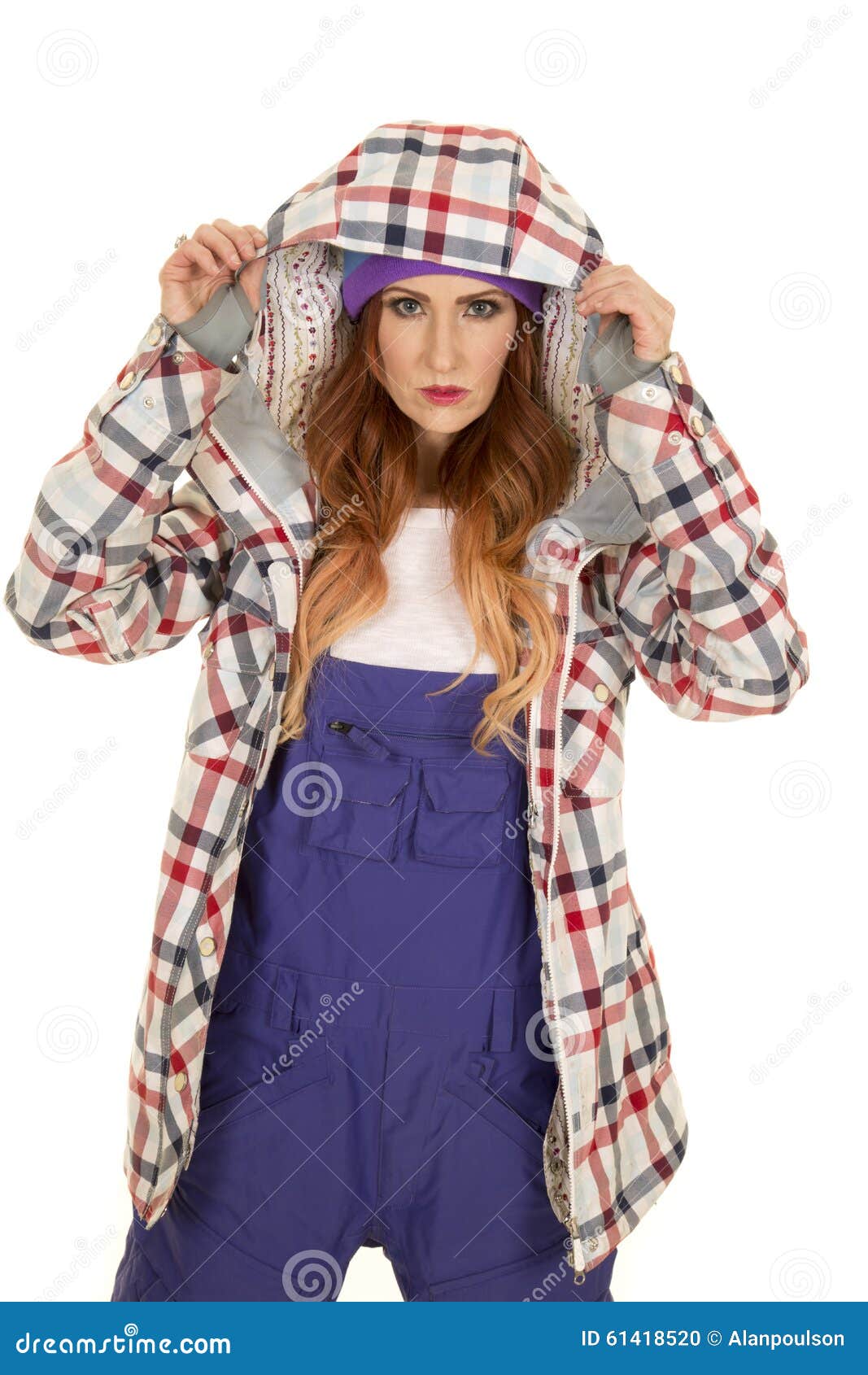 Woman with Red Hair in Coveralls and Hat Hood Up Stock Photo - Image of ...