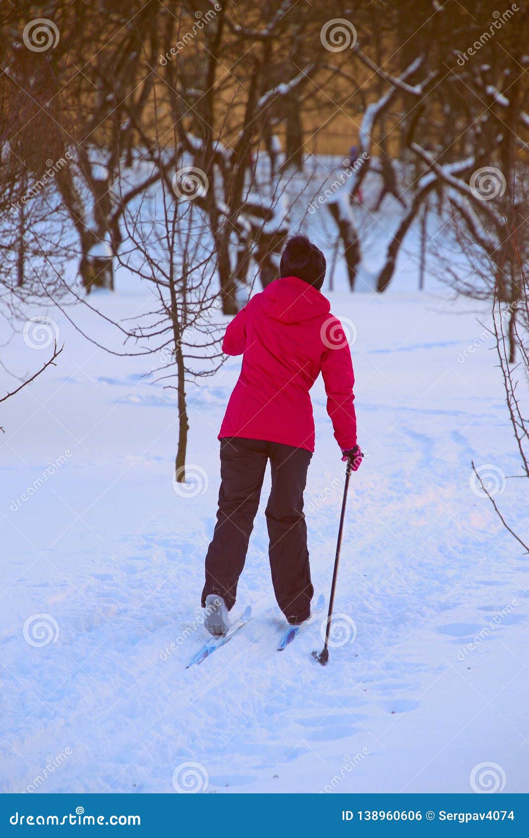 Woman in Red Jacket is Skiing in the Park Stock Photo - Image of active ...