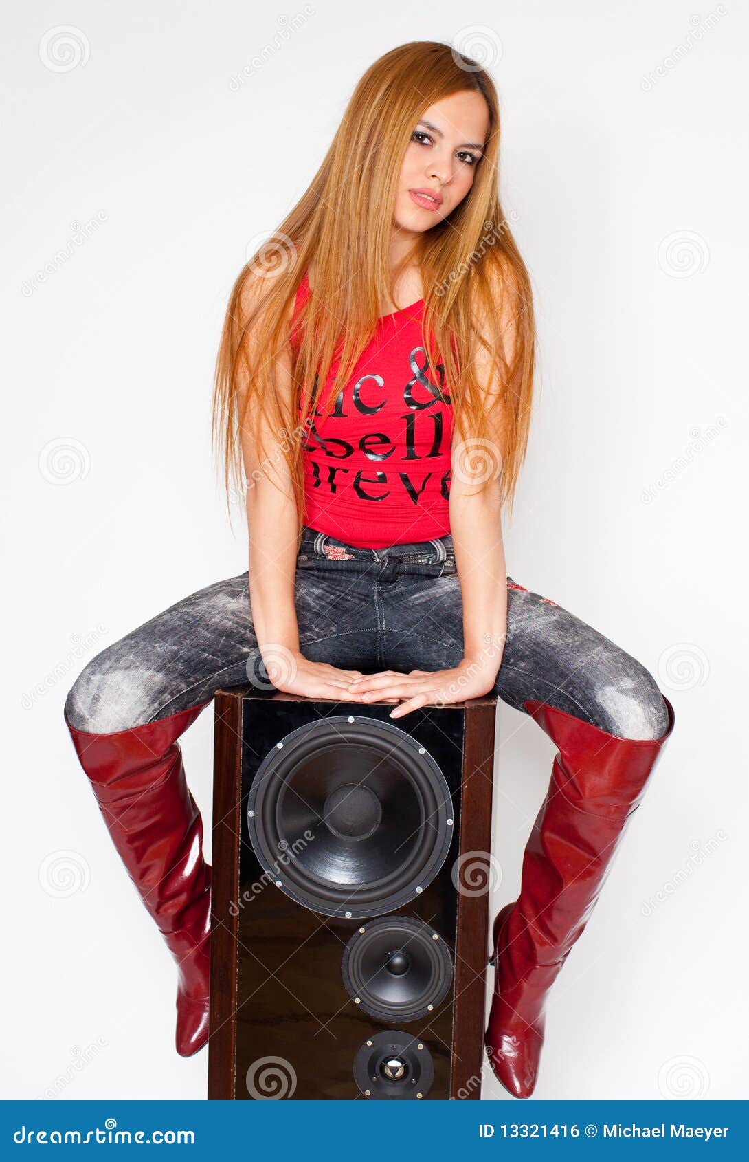 Woman With Red Kneehigh Boots On Loudspeaker Stock Photo Image 13321416