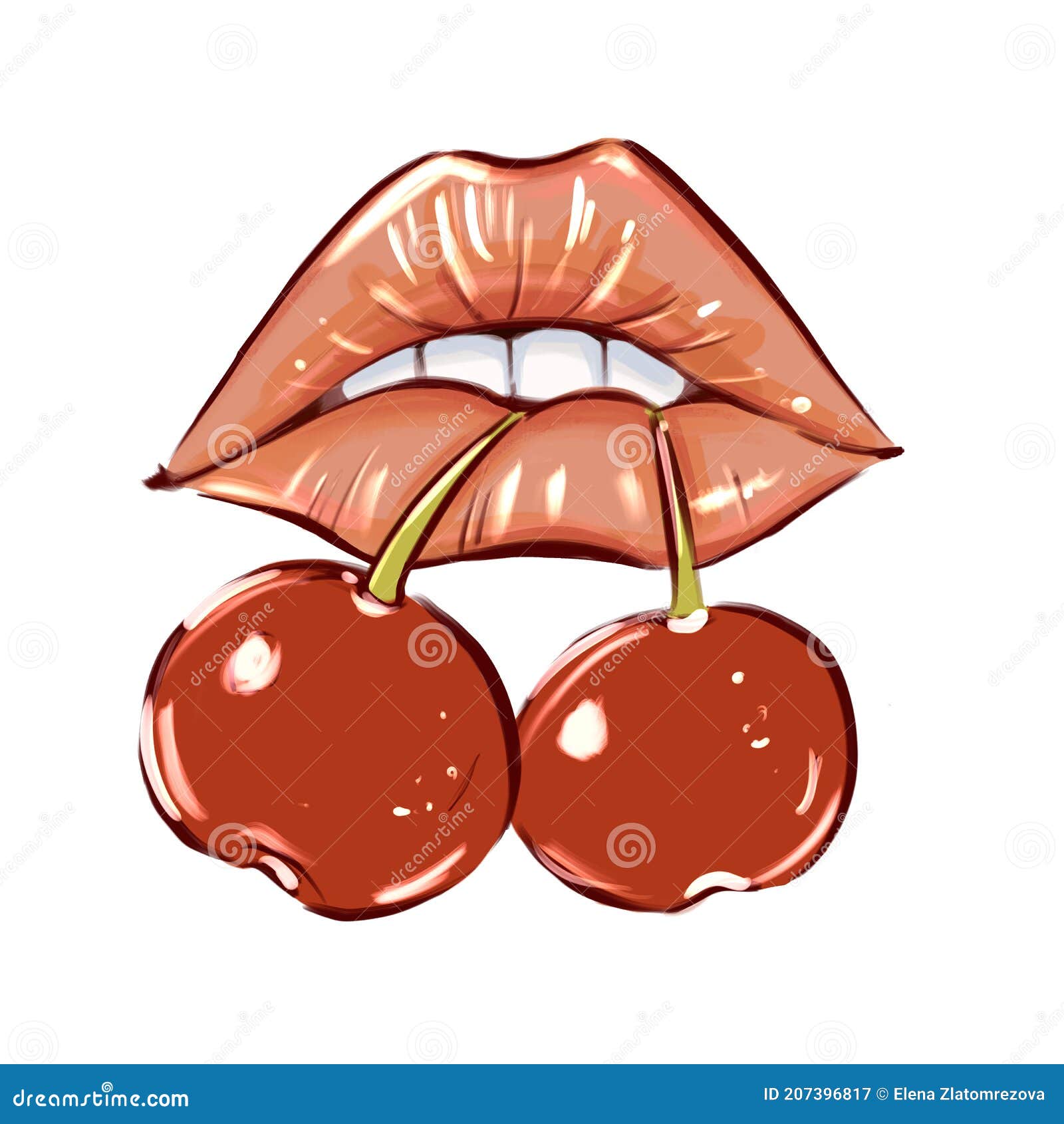 Lips Drawing With Fruit Cherry.