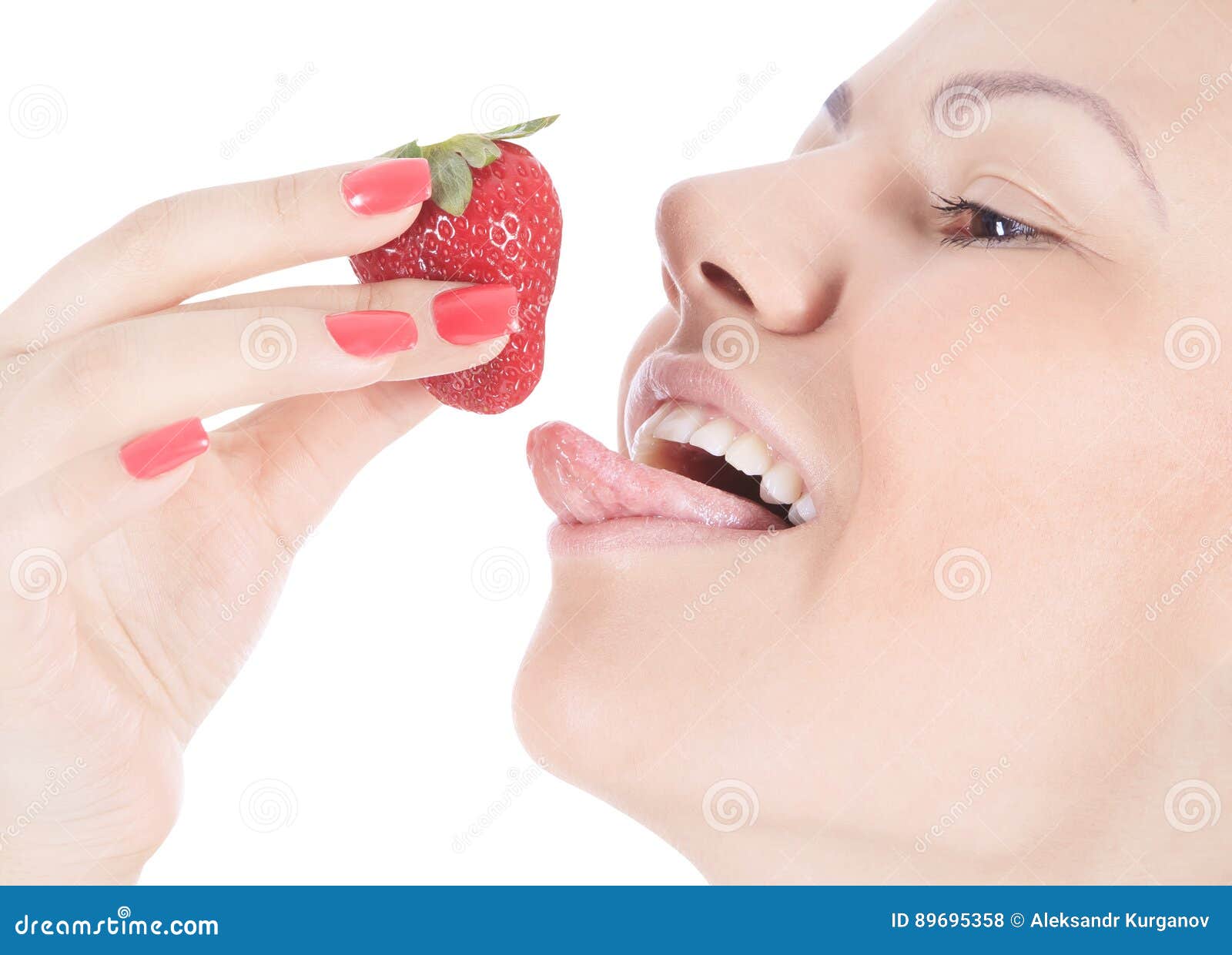 Woman with Red Lips Eating a Strawberry Stock Photo Image of