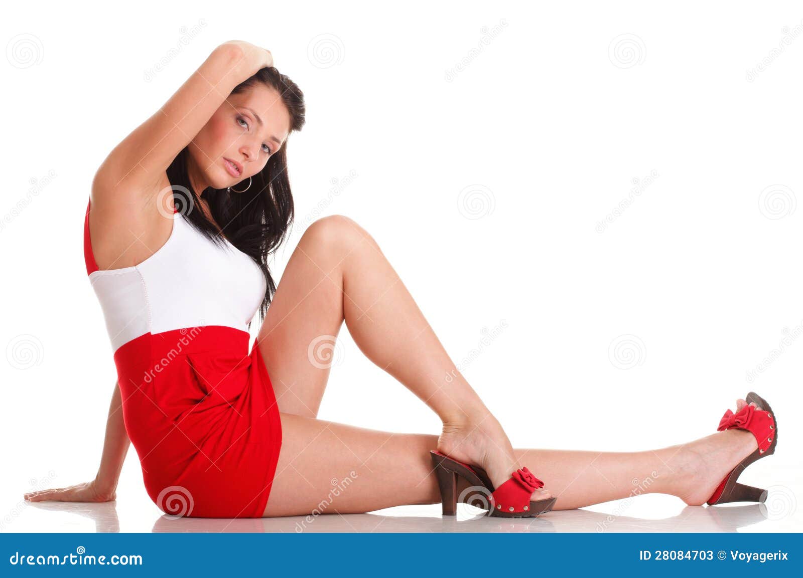 Woman In Red Lying Down On The Floor Stock Image Image of happy, copy 28084703