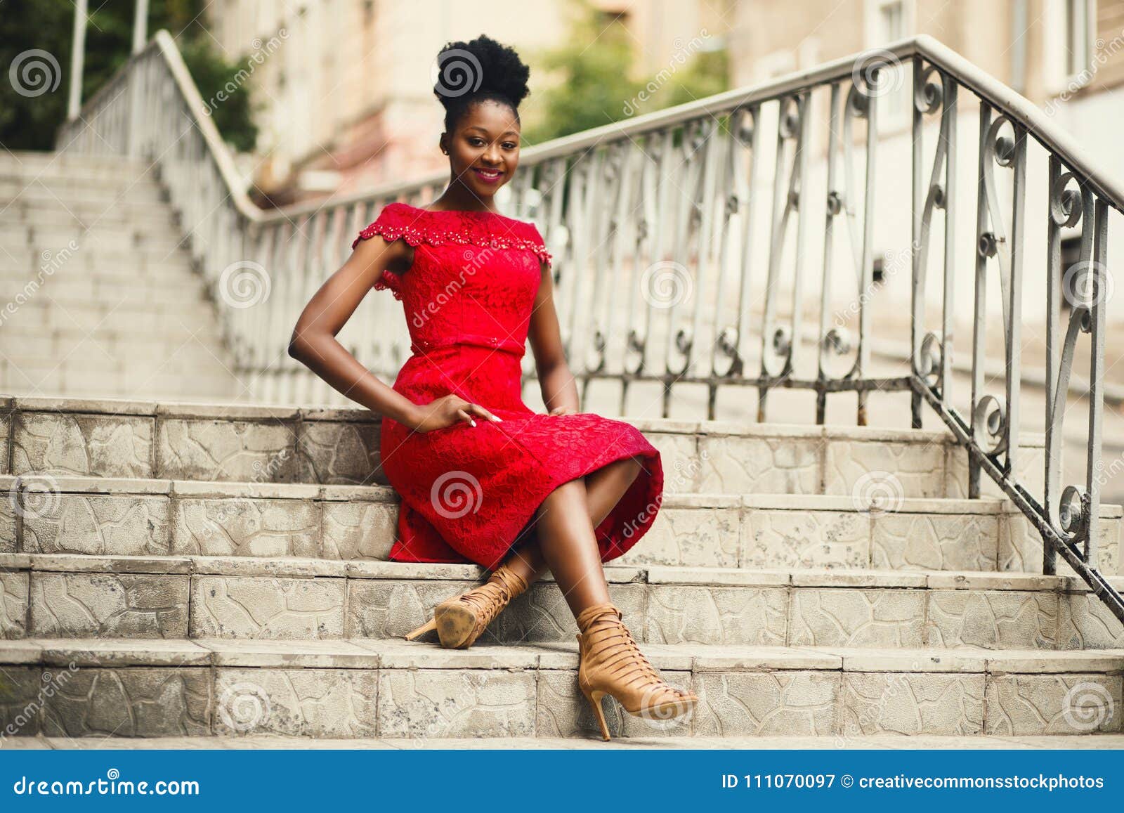 Woman In Red Off-shoulder Dress With Brown Leather High Heeled ...