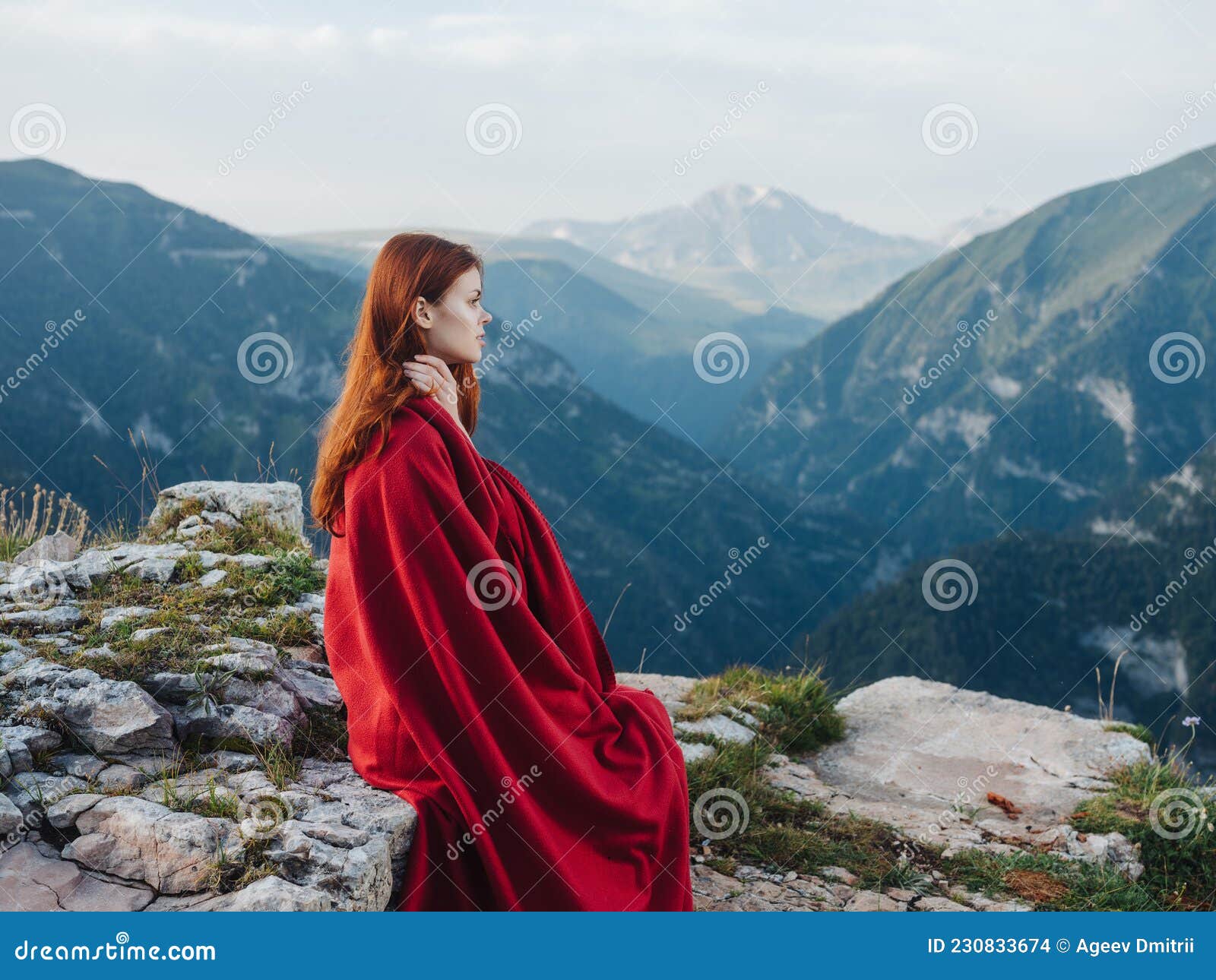 woman with red plaid cool air mountains nature
