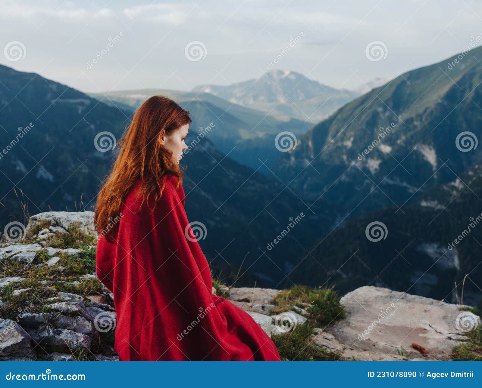 woman with red plaid cool air mountains nature