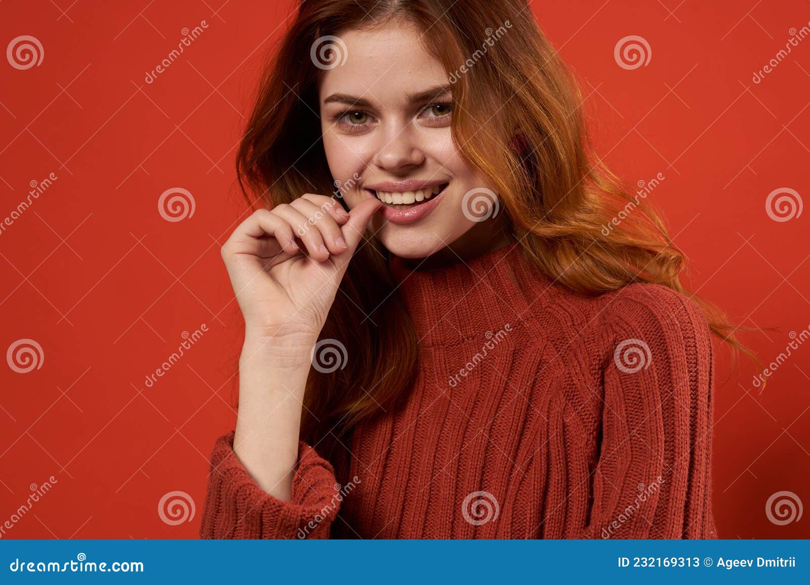 Woman in Red Sweater Clean Skin Hairstyle Fashion Studio Stock Image ...