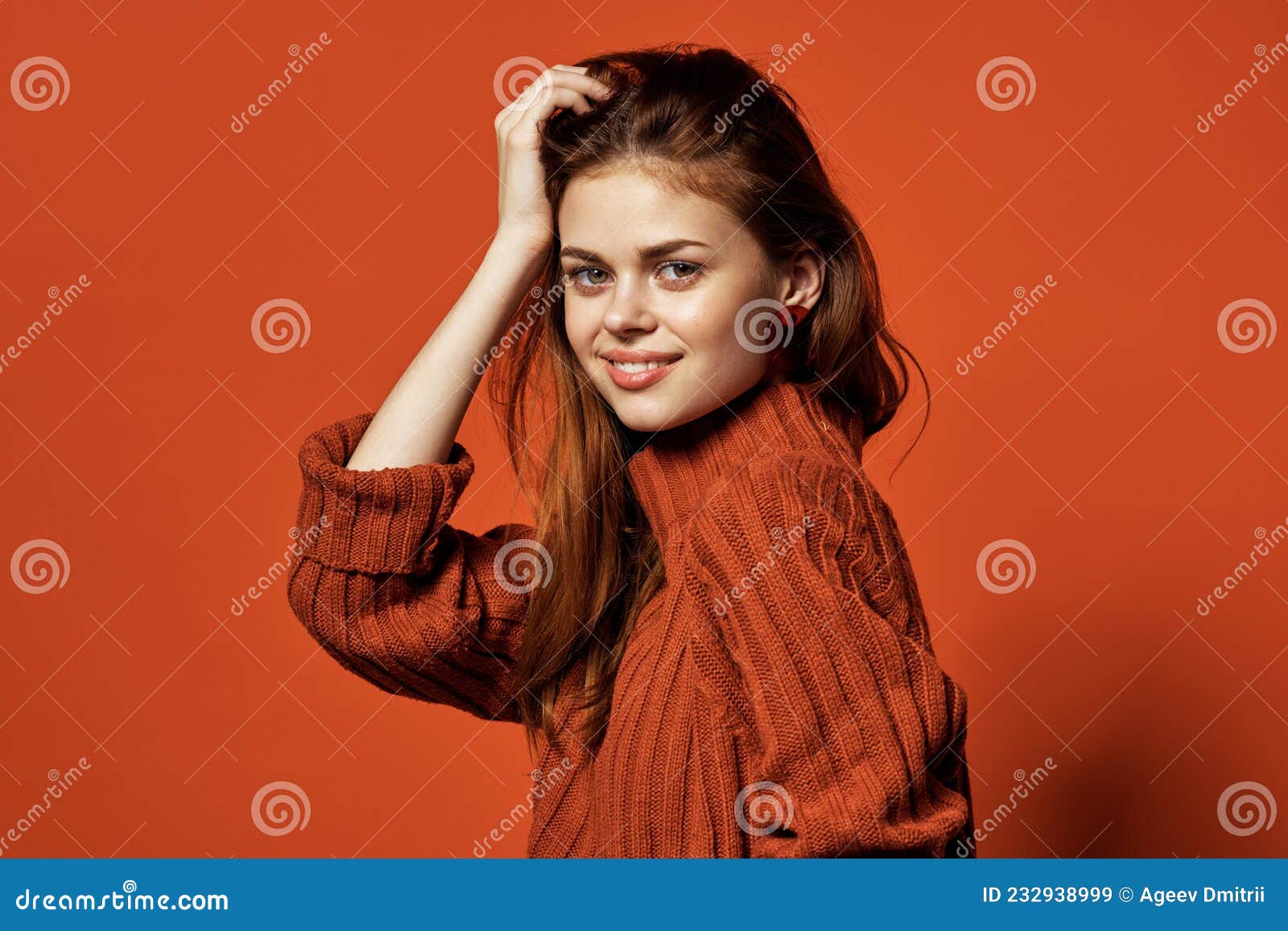 Woman in Red Sweater Clean Skin Hairstyle Fashion Studio Stock Image ...