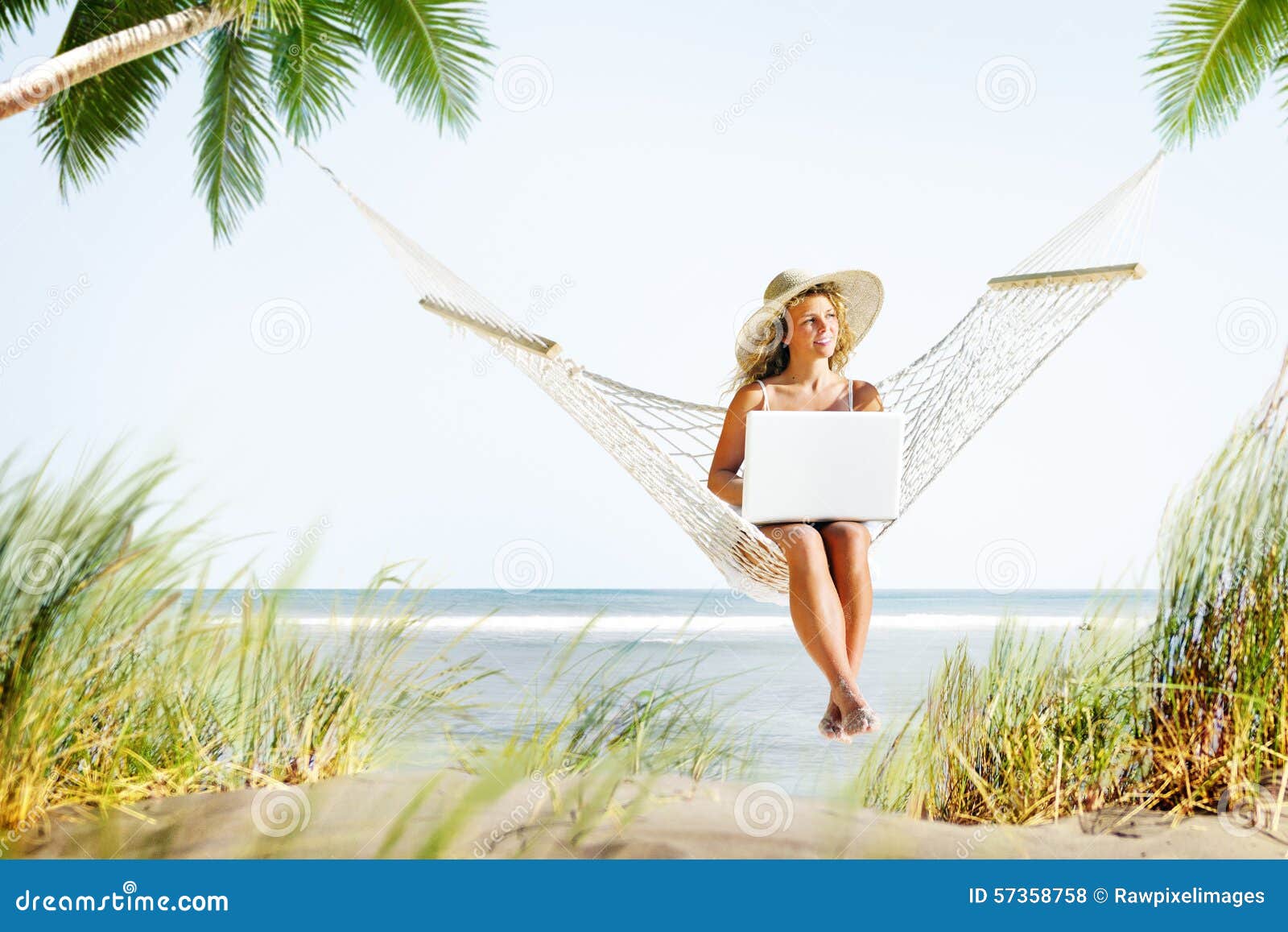 woman relaxation beach working enjoyment concept