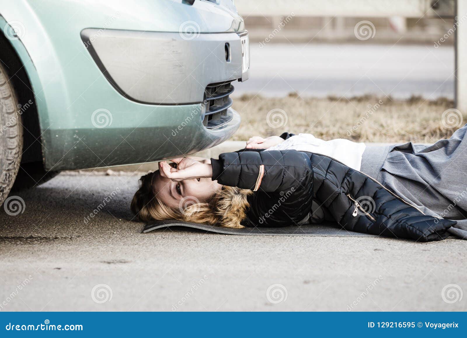 Woman Repairing Broken Car Lying Under It Stock Image Image Of