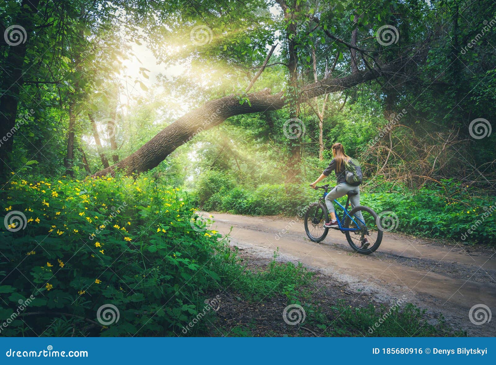 Woman With A Backpack Running On Forest Trail Stock Photo 
