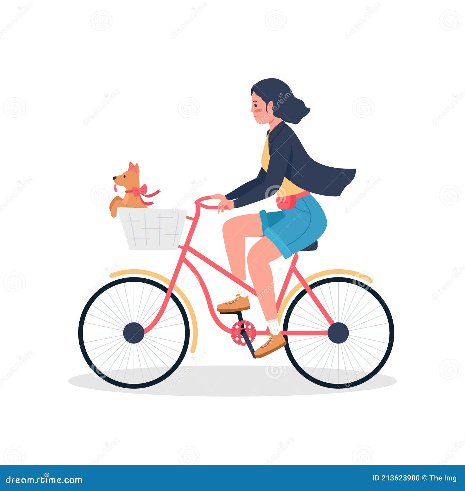 Woman Riding on Bicycle with Puppy in Basket Flat Color Vector Detailed Character Stock Vector - Illustration of graphic: 213623900