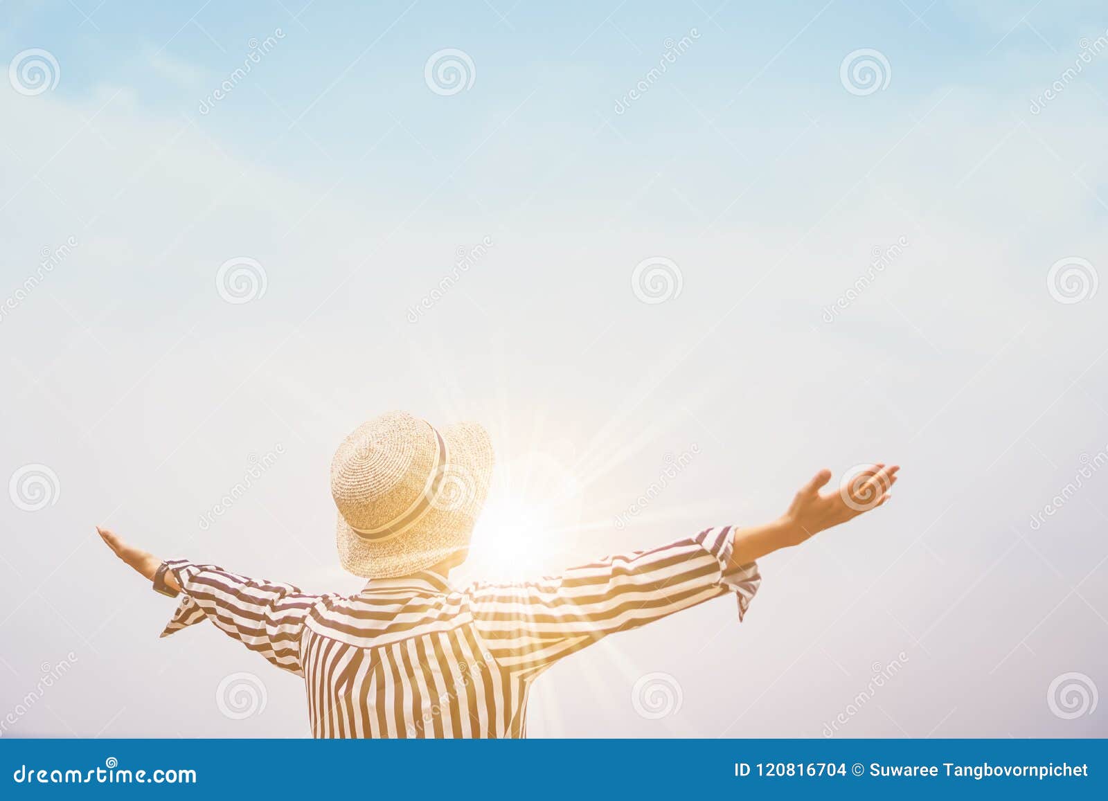 Woman Rise Hands Up To Sky. Stock Photo - Image of beach, alone: 120816704