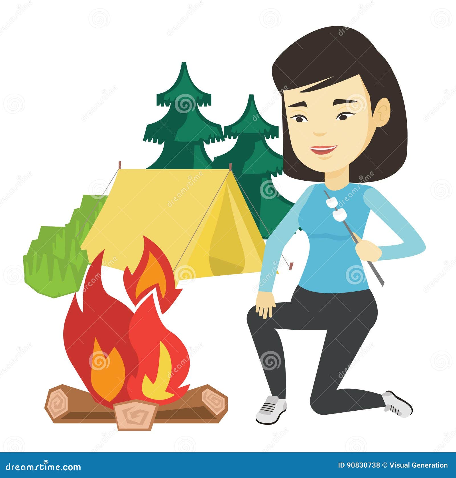 Woman Roasting Marshmallow Over Campfire. Stock Vector - Illustration ...