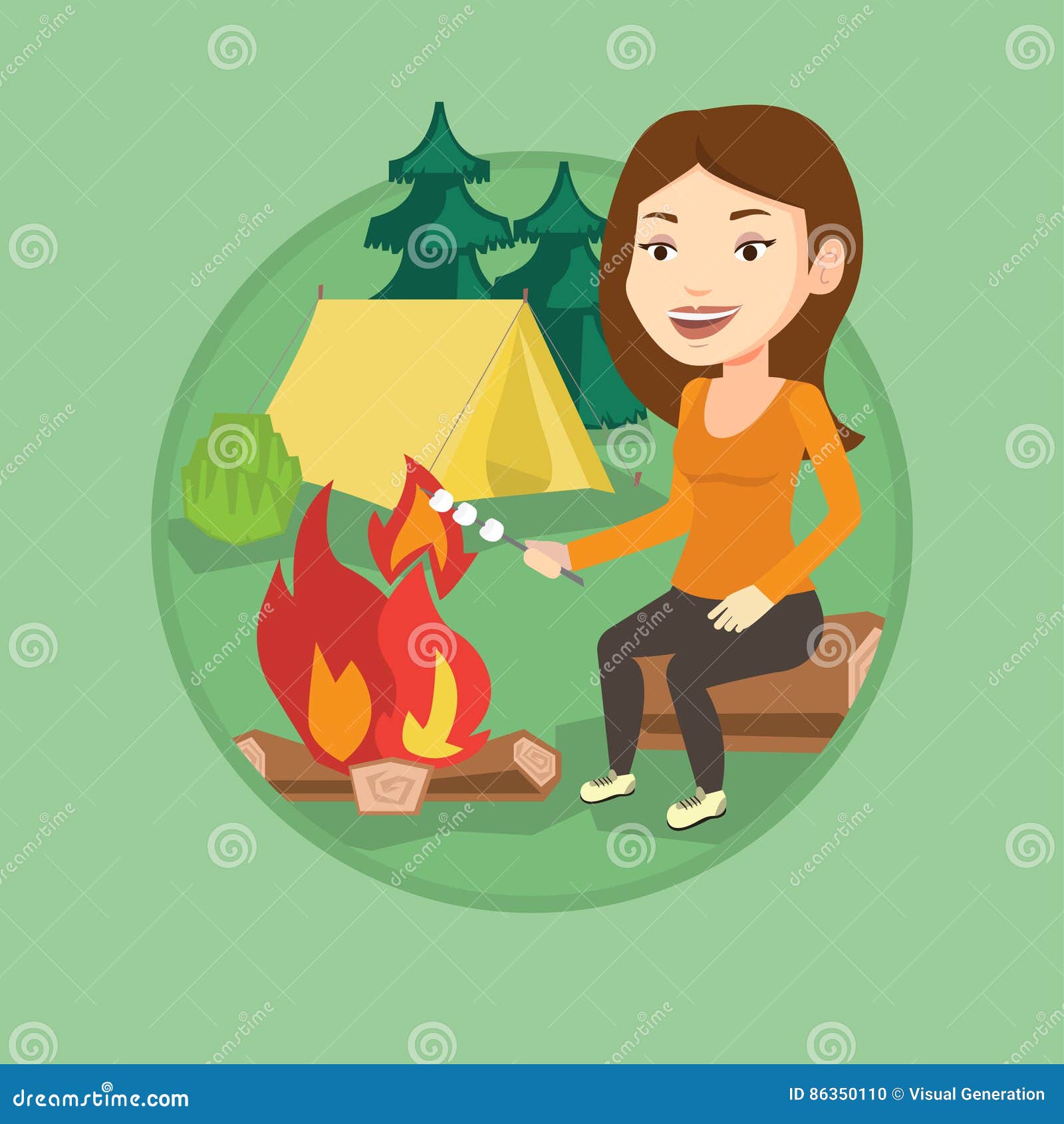 Woman Roasting Marshmallow Over Campfire. Stock Vector - Illustration ...