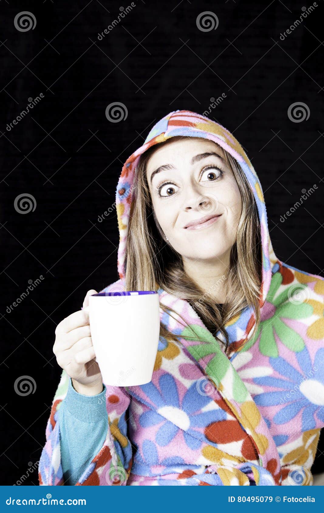 Woman robe with coffee stock image. Image of cheerful 80495079