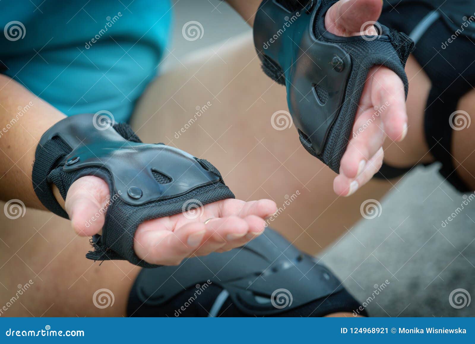 Woman Rollerskater Wearing Wrist Guards Protector Pads Stock Image