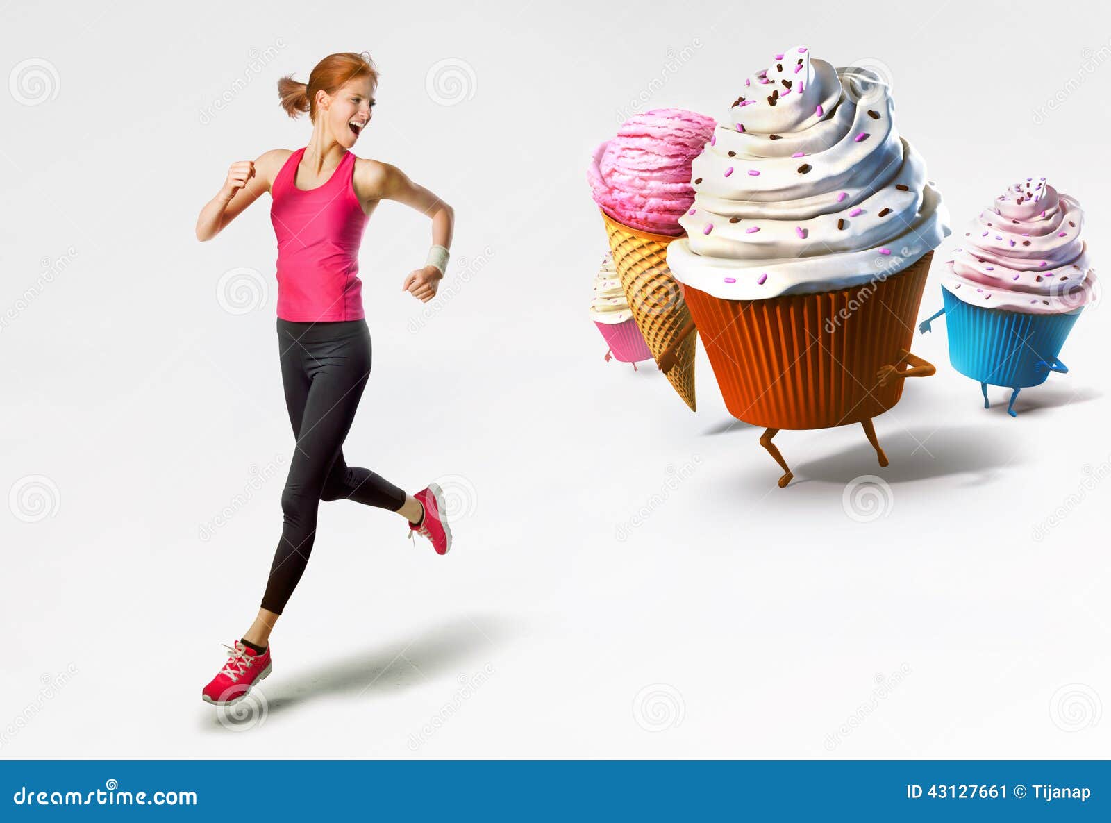 Woman Running Away from Sweets Stock Image Image of dessert, cupcake