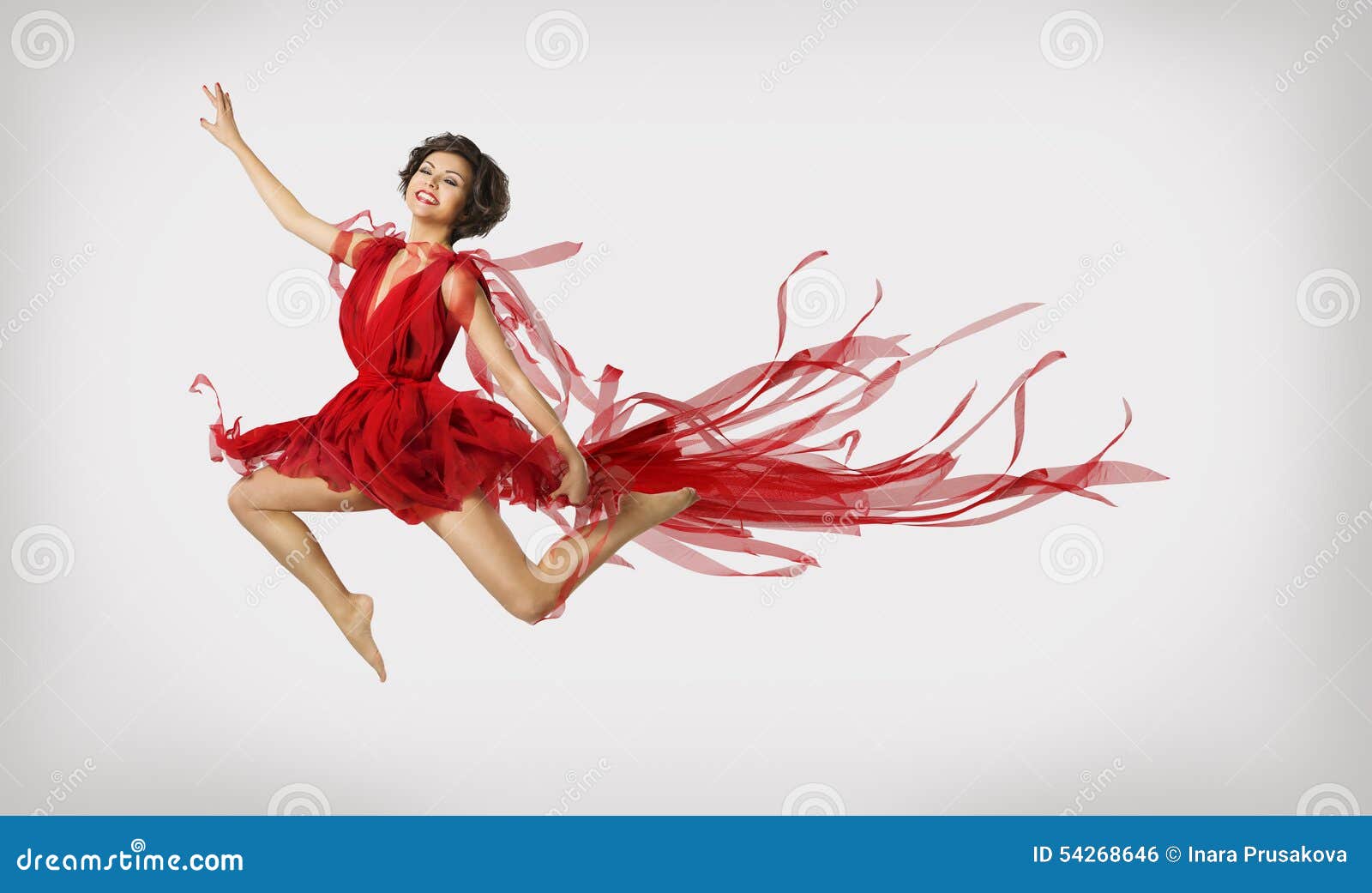 woman running in jump, girl performer leap dancing in red dress