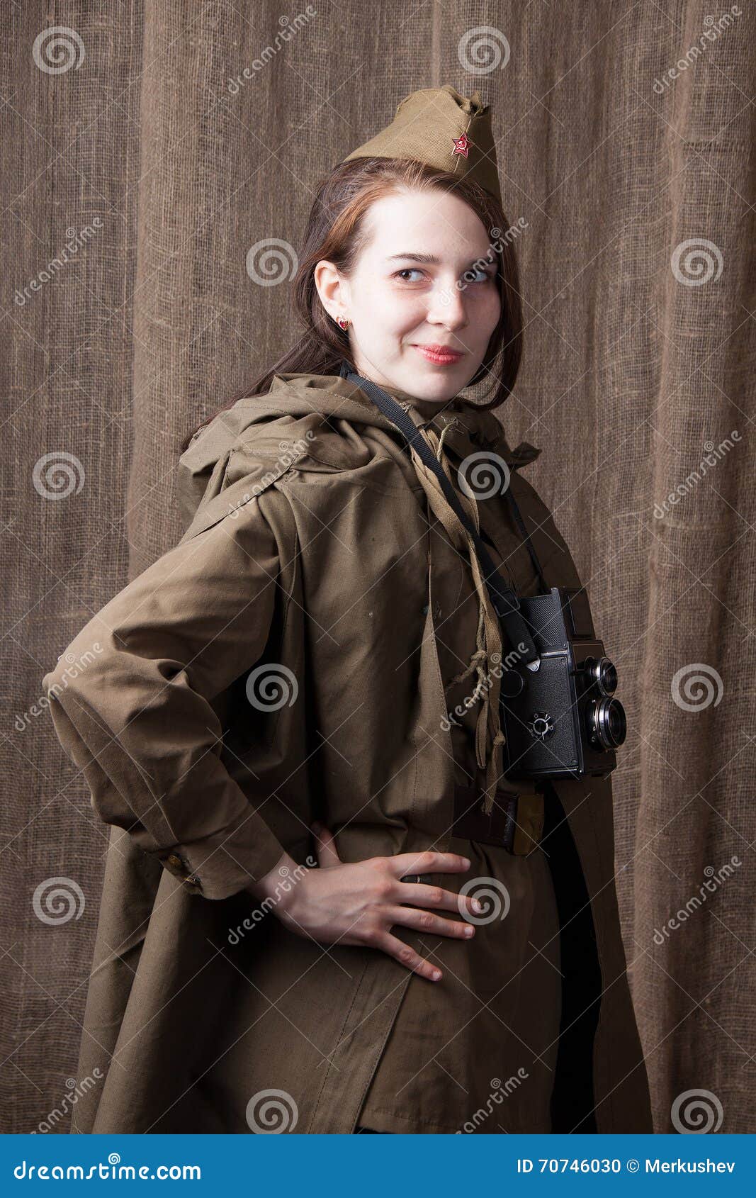 Woman In Russian Military Uniform With Camera Female War