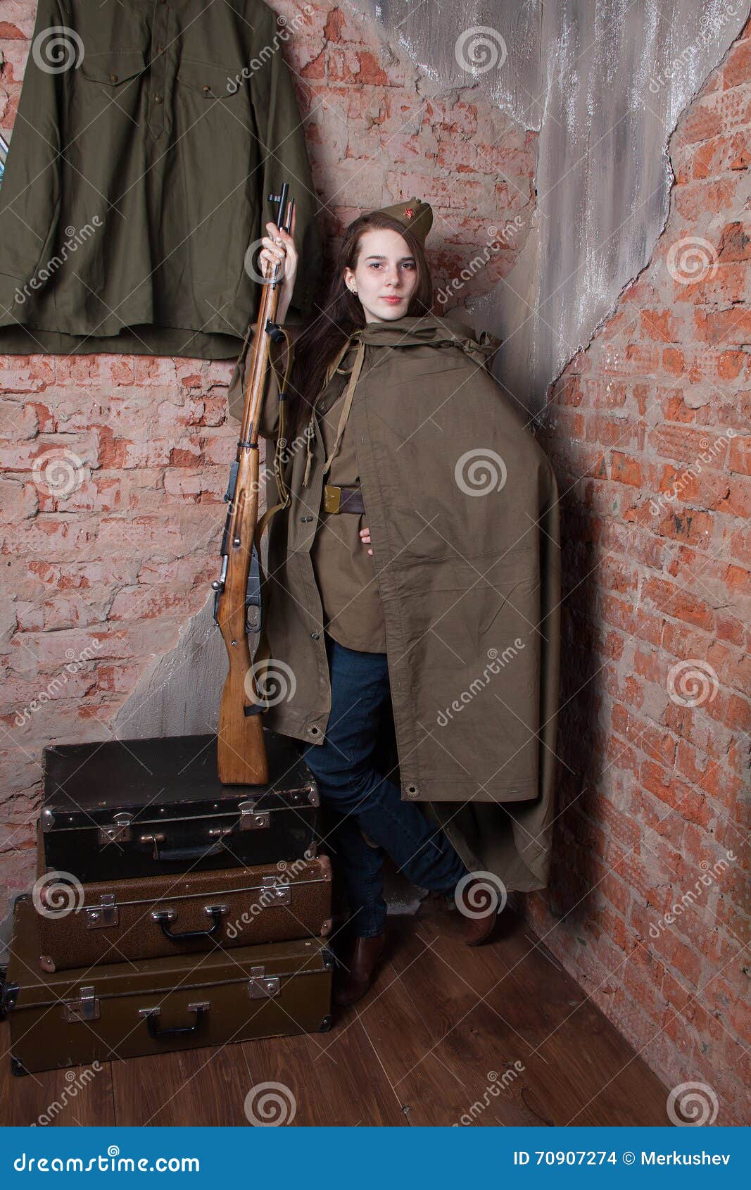 Woman In Russian Military Uniform With Rifle Female