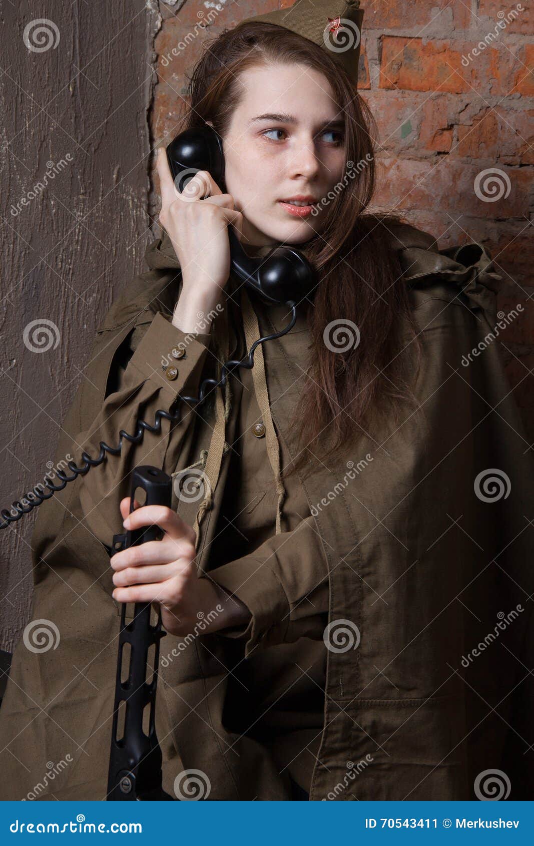 Woman In Russian Military Uniform Speaks On Phone Female Soldier