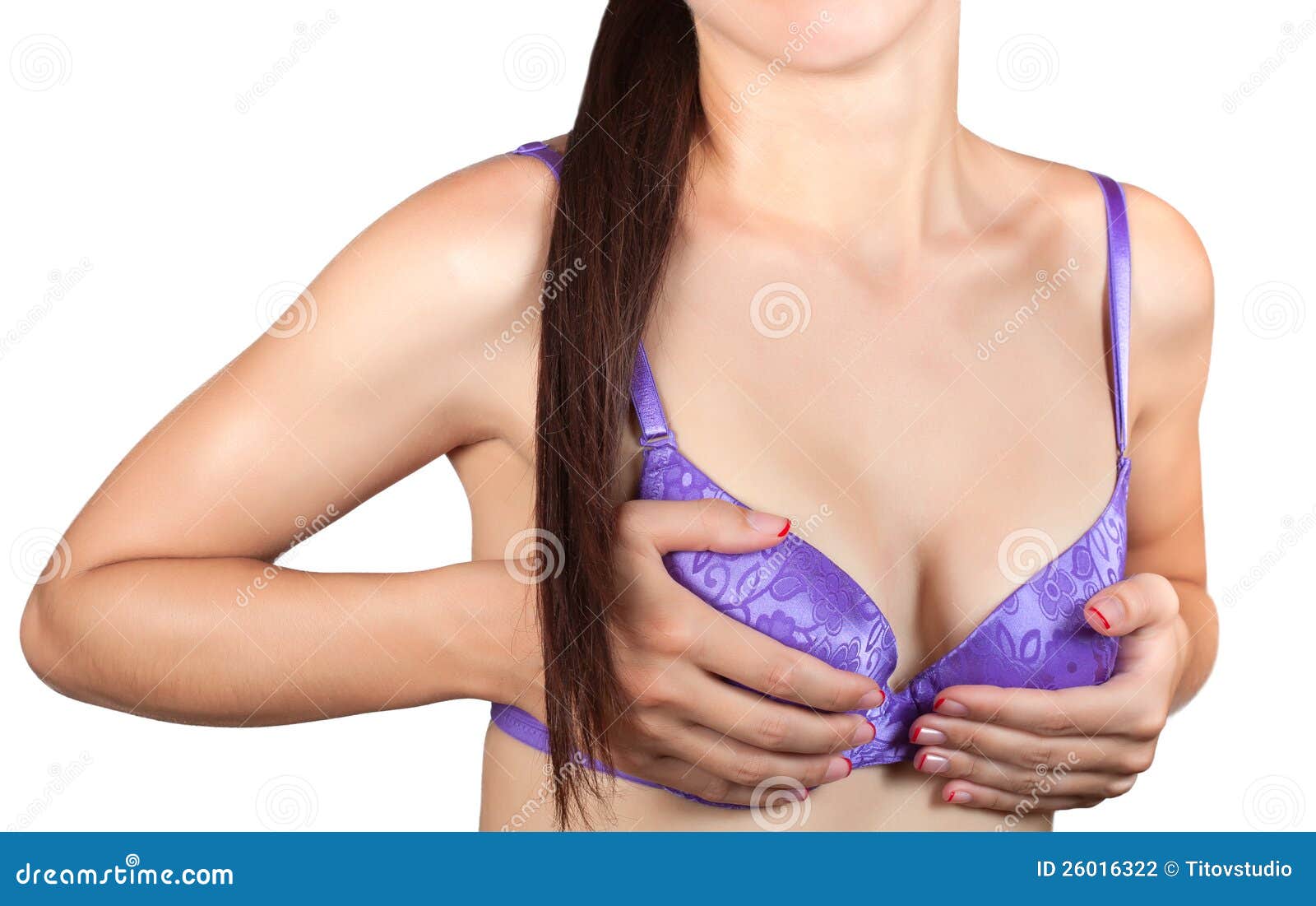 Young woman with beautiful breast on white background Stock Photo