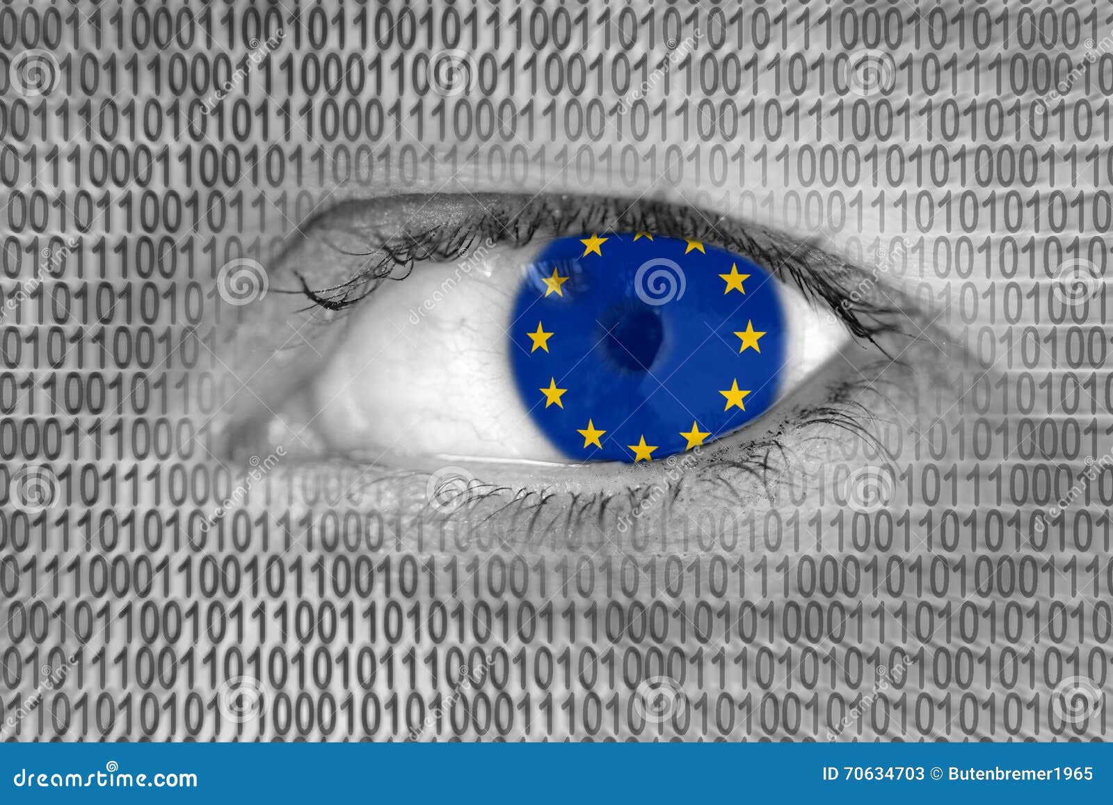 woman's eye with flag of eu european union and binary code numbers