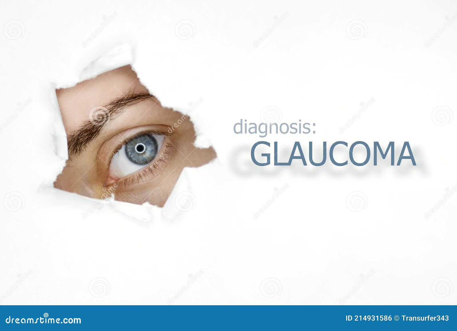 woman`s eye looking trough teared hole in paper, word glaucoma on right