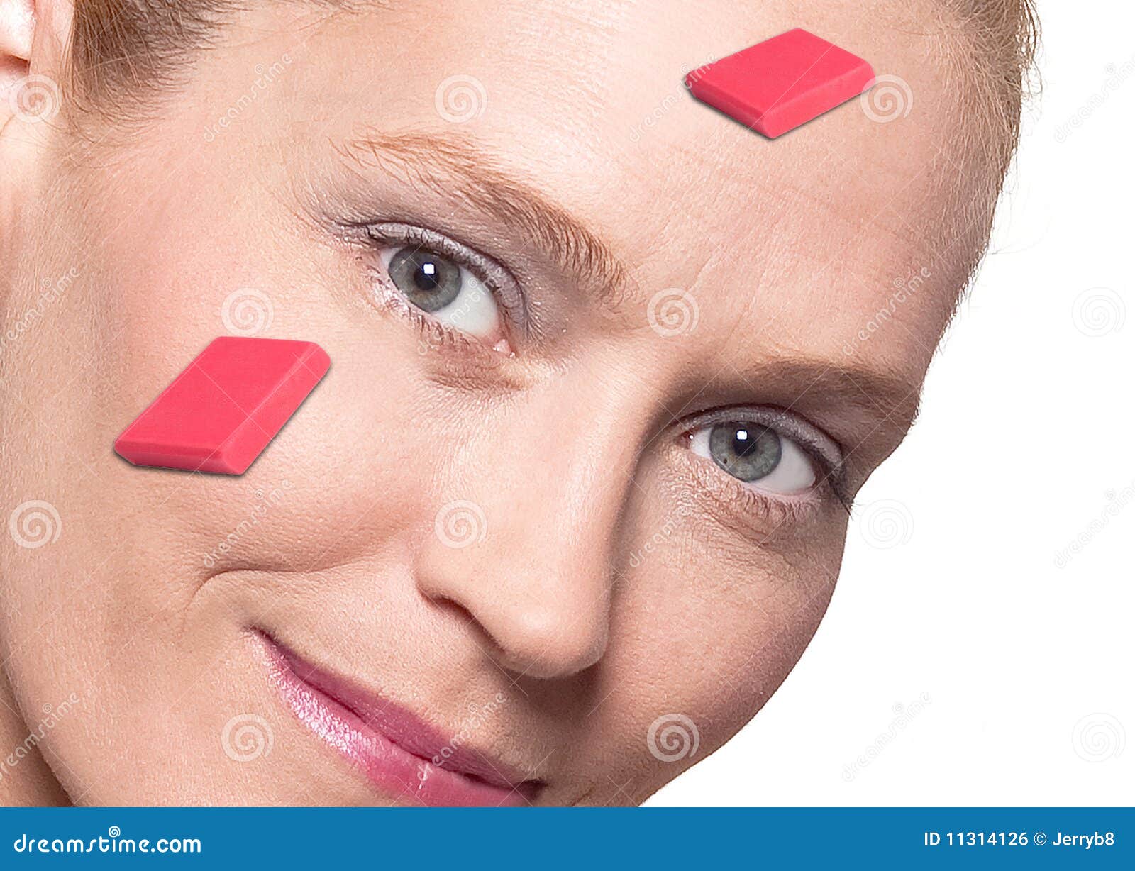 Woman s face with erasers stock photo. Image of erase 11314126