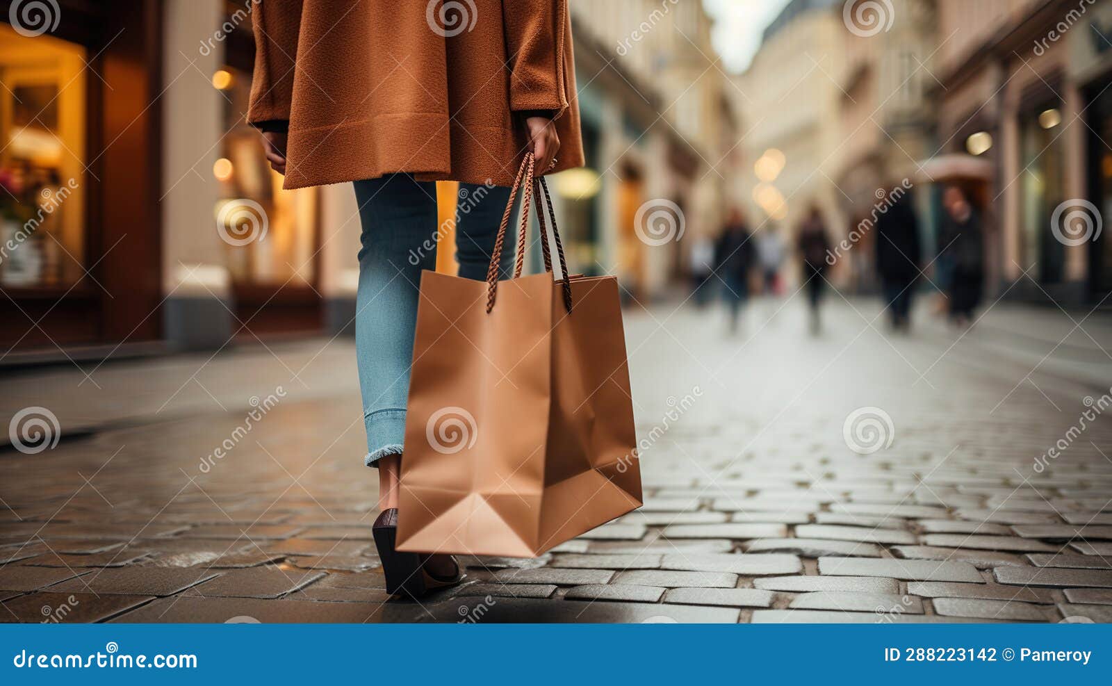 woman`s hand holding shopping bags while walking on the street