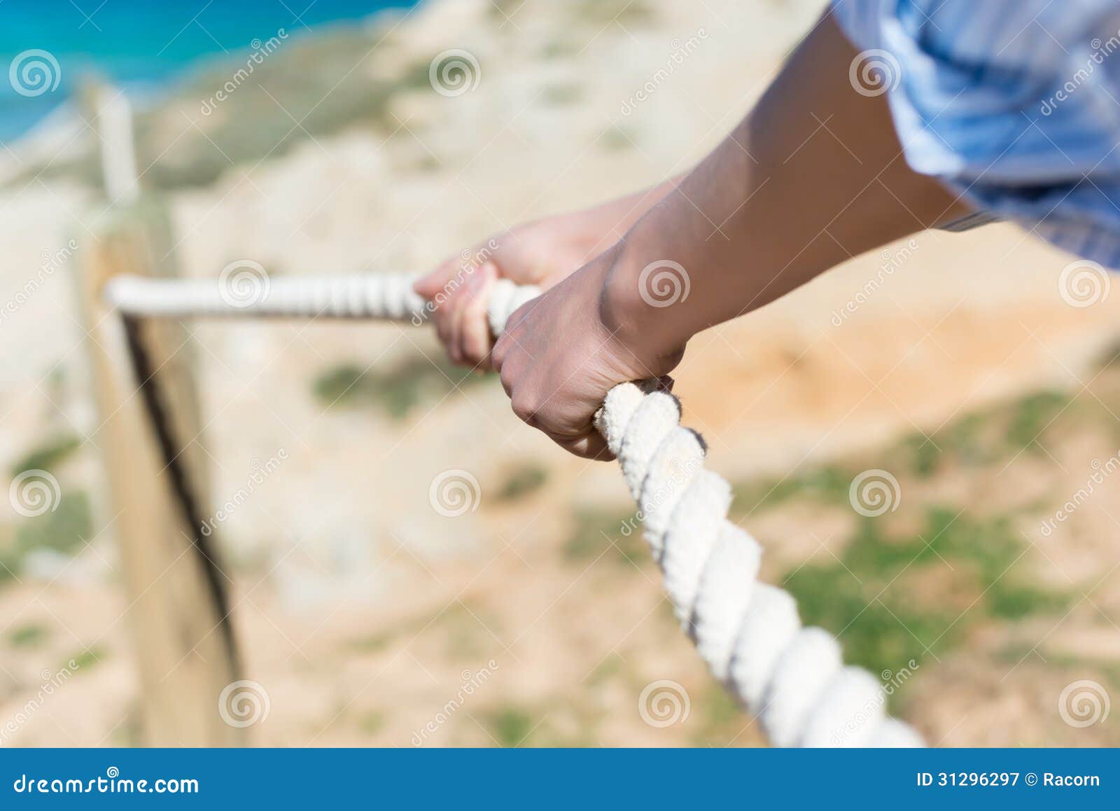 Woman S Hand Pulling Rope of Railing at Beach Stock Image Image of