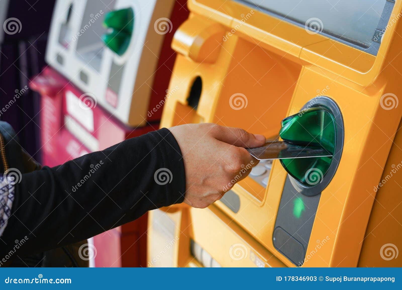 Woman`s Hand Using Credit Card To Withdrawing Or Transfer Money From Atm Machine.Finance, Money ...