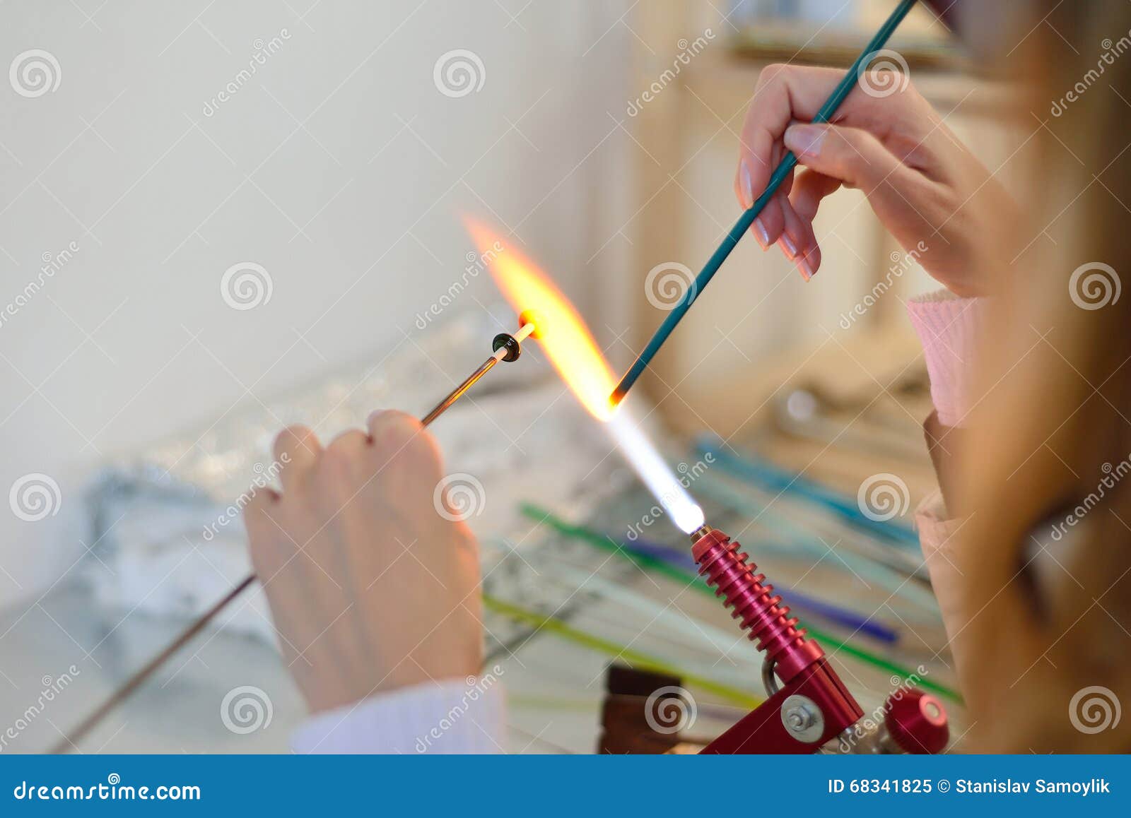 Woman S Hands with Tools for Glass Melting, Lampwork, Fire Stock Image