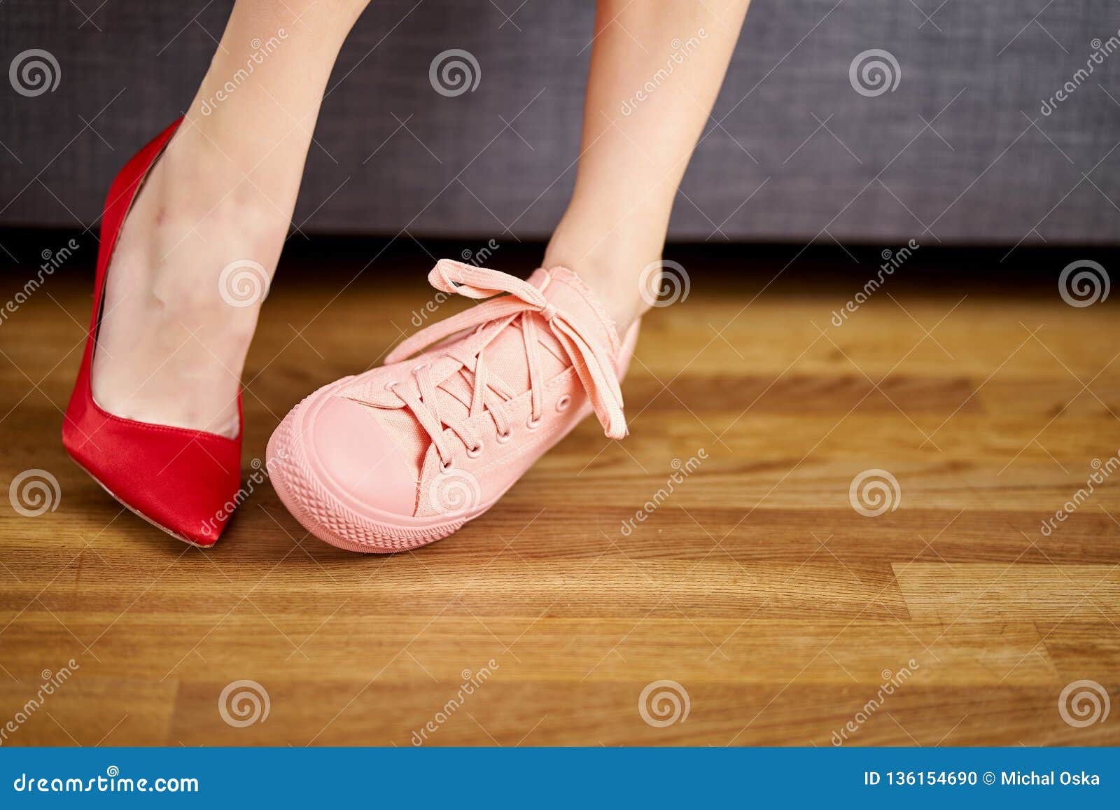 Woman`s Legs in Two Different Shoes with Red High Heels and Coral ...