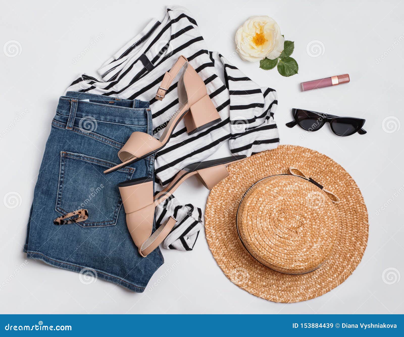 acquaintance Forward Make a snowman Woman`s Summer Outfit with Striped Shirt, Jeans Shorts, Beige Sandals and  Other Stock Image - Image of composition, clothes: 153884439