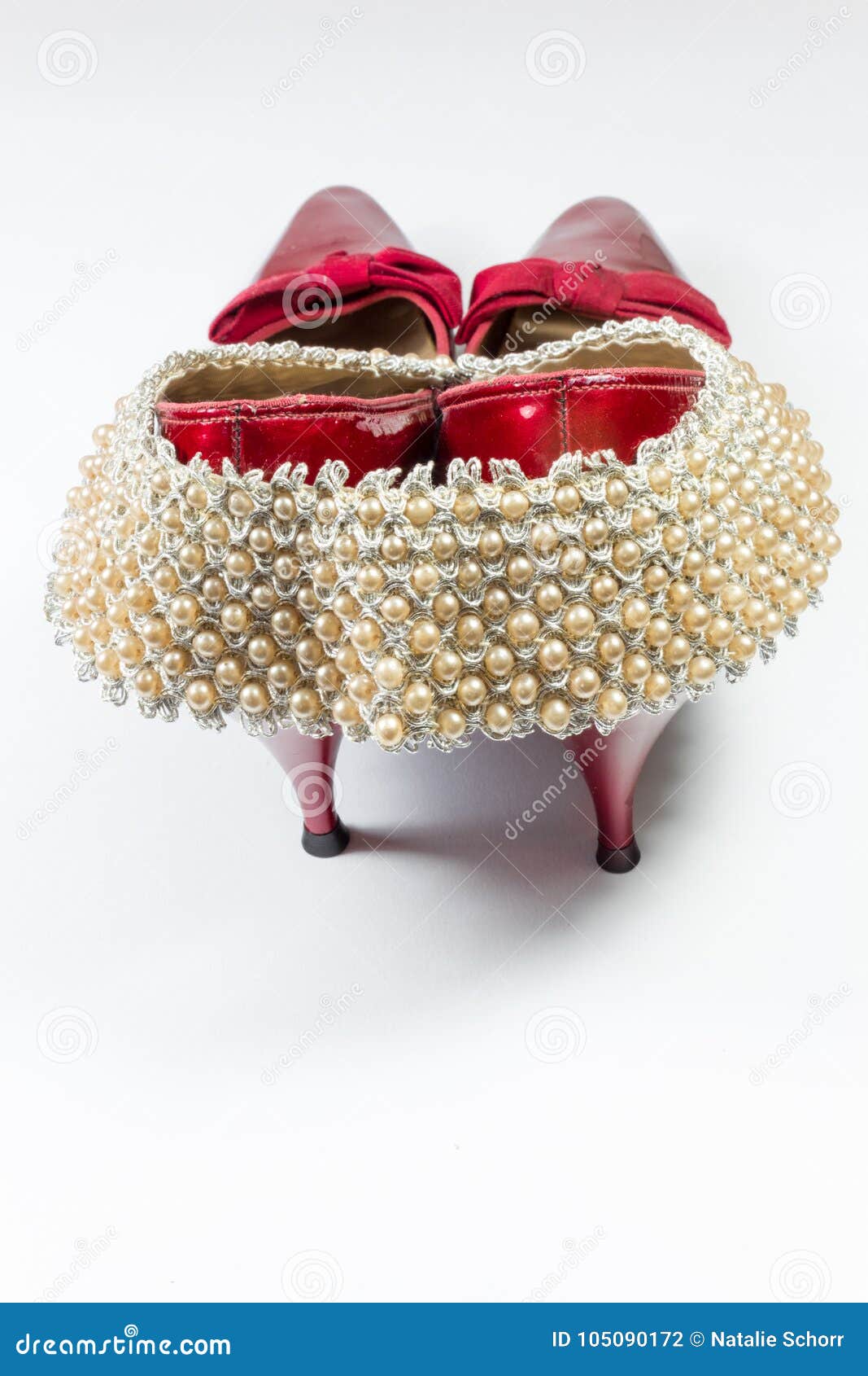 Woman`s Vintage Faux Pearl Collar Draped Over Vintage Ruby Red Shoes ...