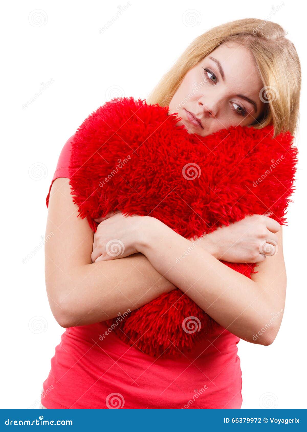 Woman Sad Girl Hugging Red Heart Love Symbol Stock Photo - Image ...