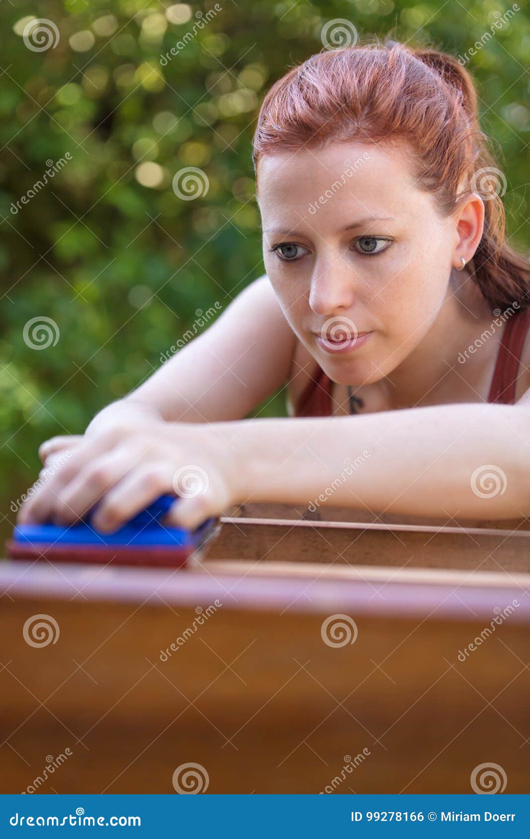 Woman Is Sanding By Hand Stock Photo Image Of Woodwork 99278166