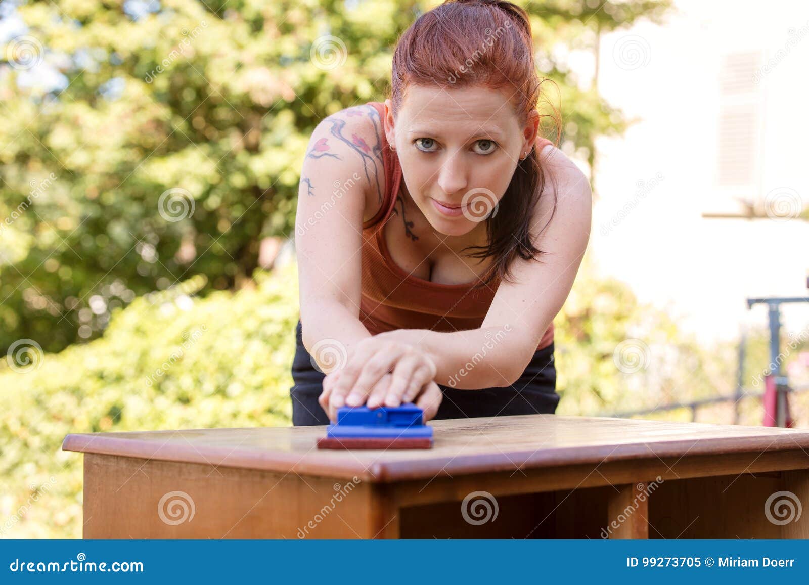 Woman Is Sanding By Hand Stock Image Image Of Furniture 99273705