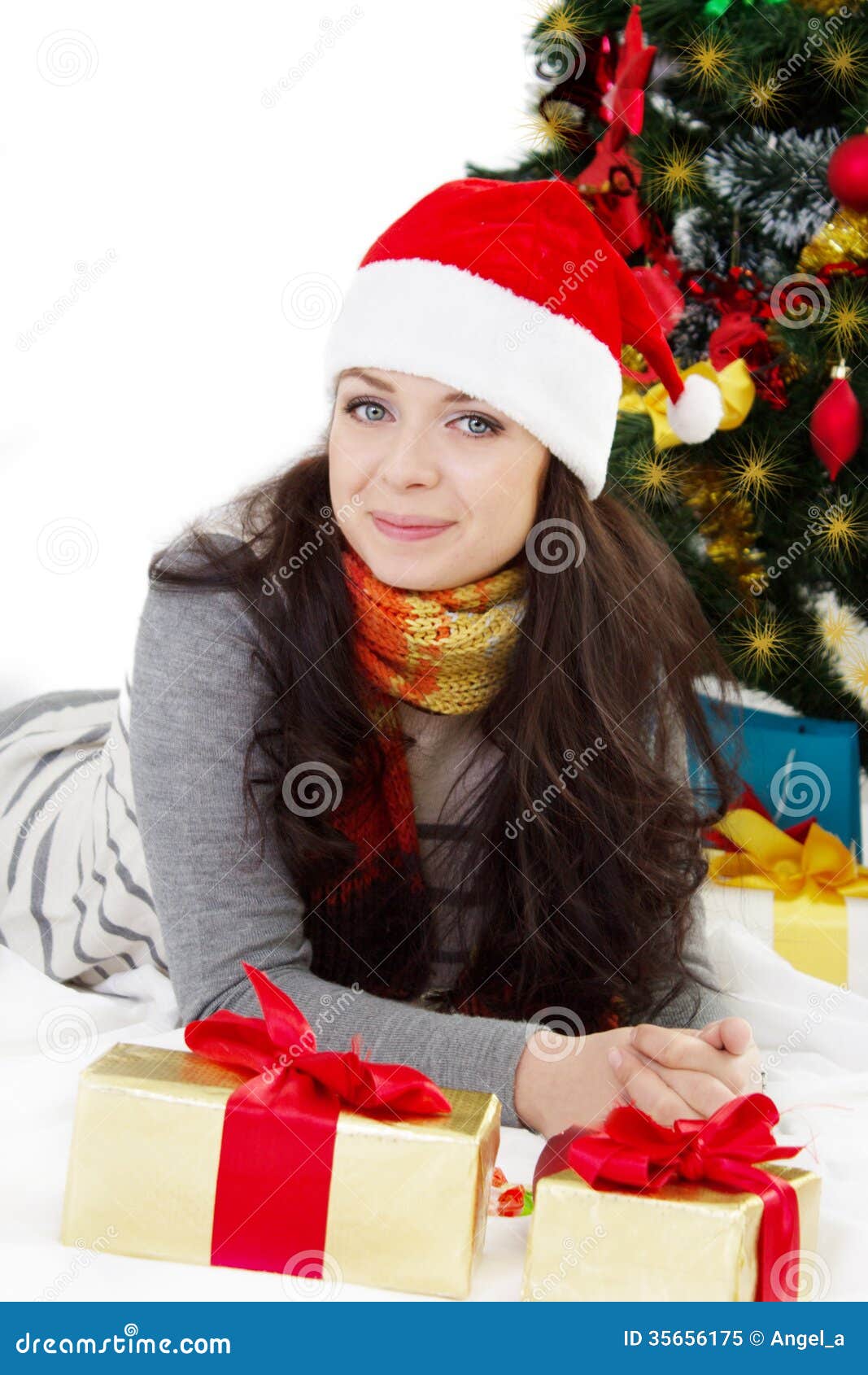 Woman In Santa Hat Lying Under Christmas Tree Stock Image Image Of Home Girl 35656175