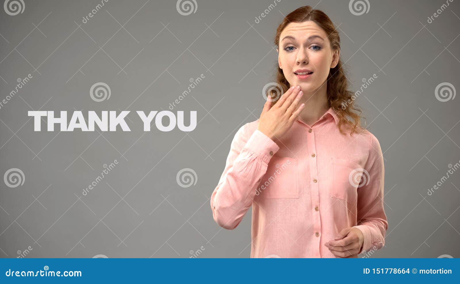 woman saying thank you in sign language, text on background, communication