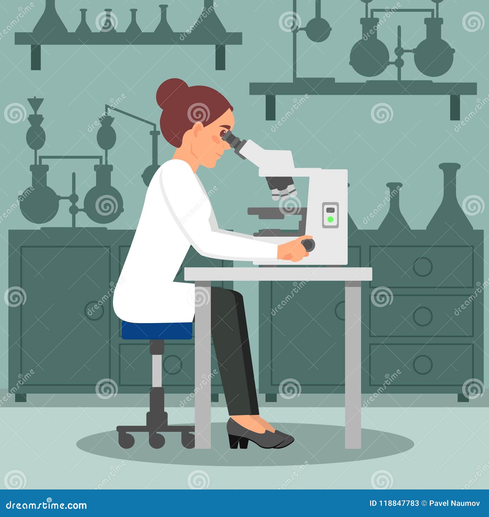 Woman Scientist Doing Biology Research Using Microscope. Female Biologist  at Workplace. Lab Equipment on Background Stock Vector - Illustration of  scientist, background: 118847783