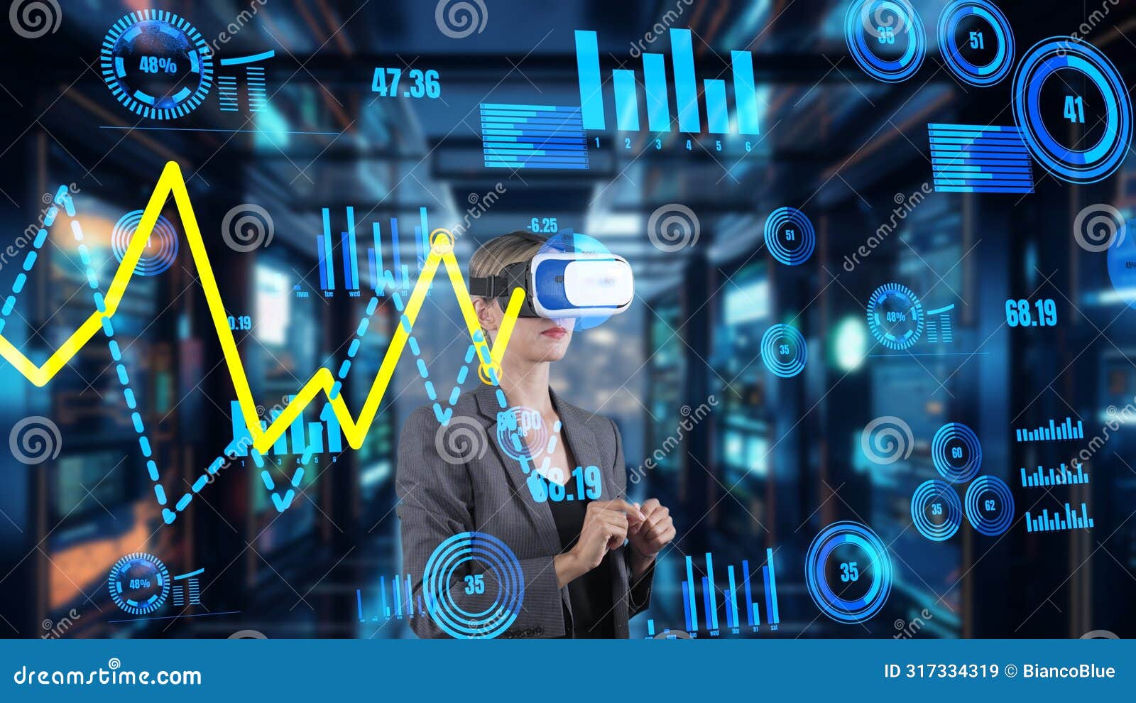 woman searching data using hand sliding analysis by vr at server. contraption.