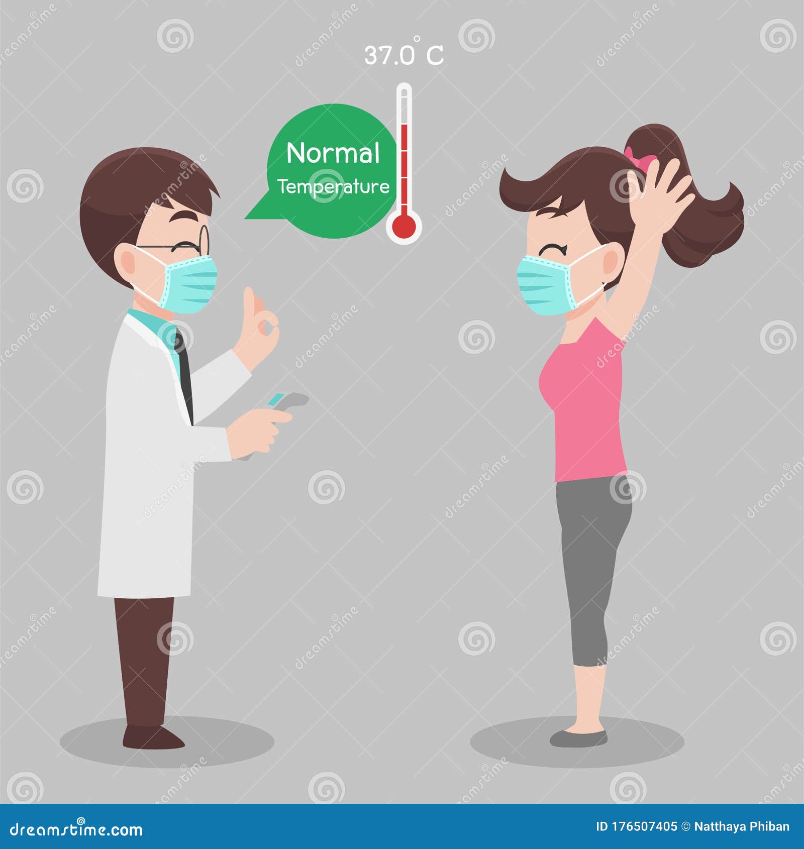 woman see doctor for check herself, temperature for corona virus scanning, she is not infect, results is normal temperature